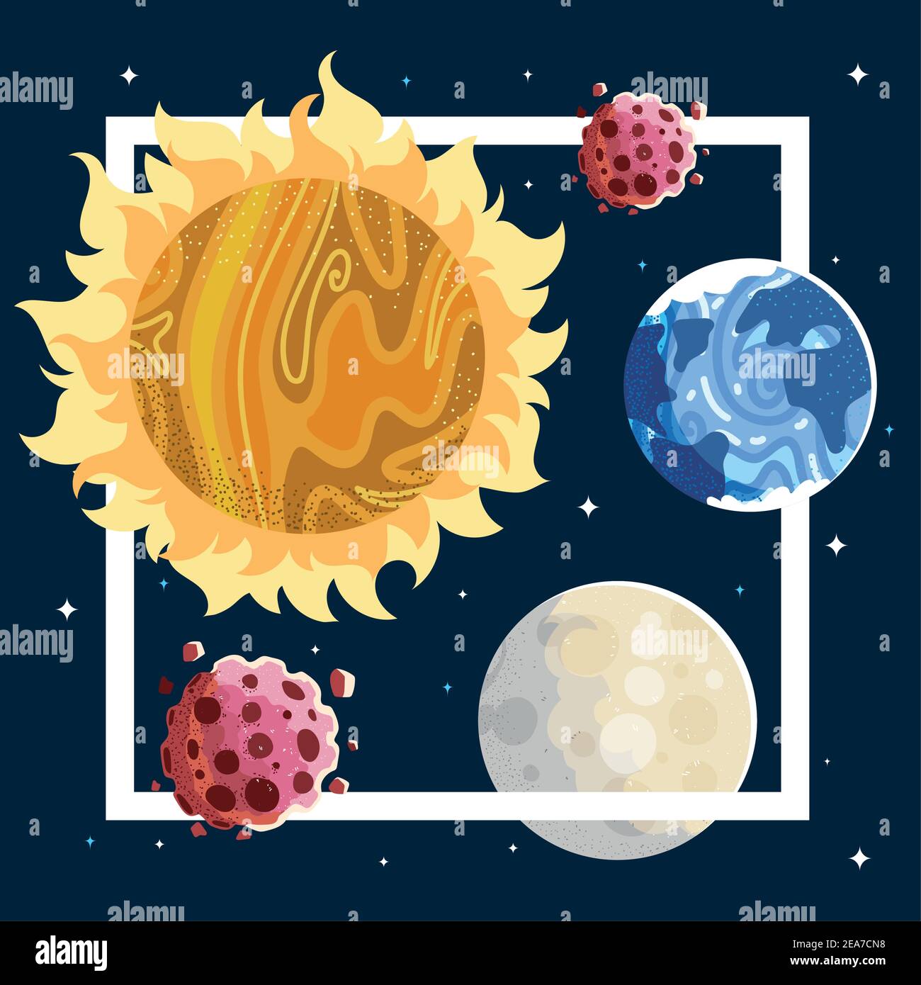 space explore planets moon sun asteroid galaxy stars vector ...