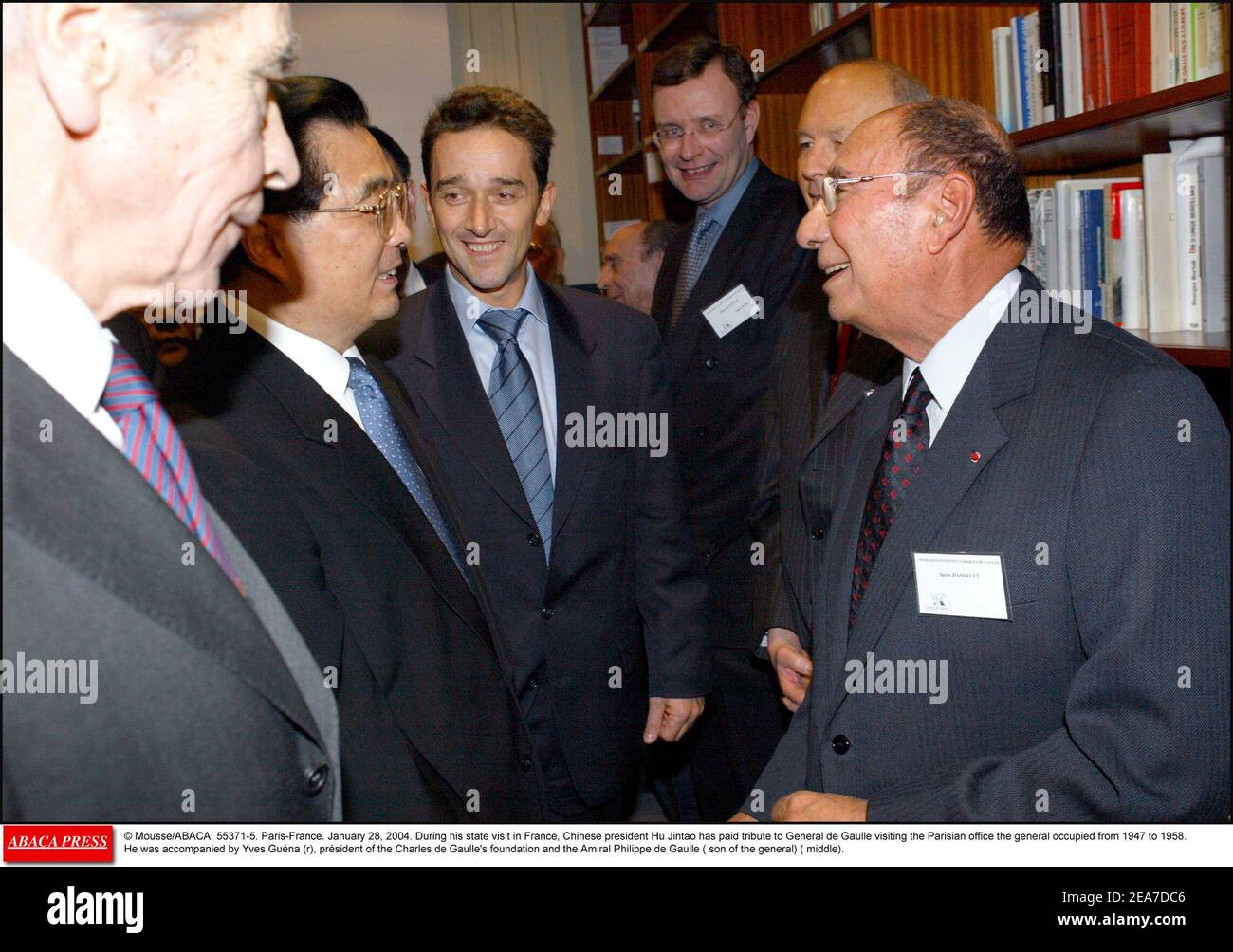 © Mousse/ABACA. 55371-5. Paris-France. January 28, 2004. During his state visit in France, Chinese president Hu Jintao has paid tribute to General de Gaulle visiting the Parisian office the general occupied from 1947 to 1958. He was accompanied by Yves Guna, prsident of the Charles de Gaulle's foundation and the Amiral Philippe de Gaulle, son of General de Gaulle. Stock Photo