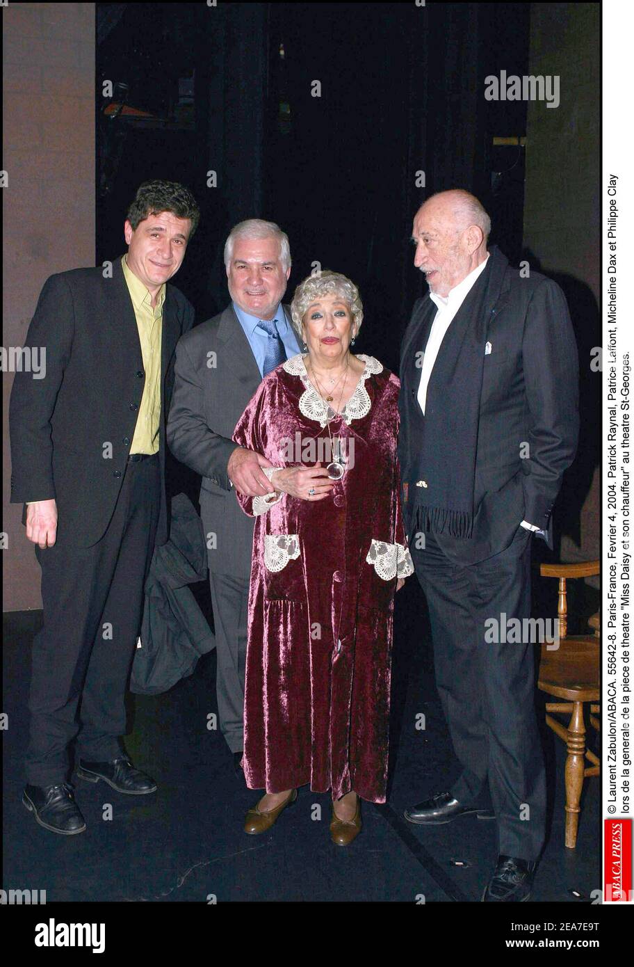 Laurent Zabulon Abaca 55642 8 Paris France 4 Fevrier 2004 Patrick Raynal Patrice Laffont Micheline Dax Et Philippe Clay Lors De La Generale De La Piece De Theatre Miss Daisy Et Son Chauffeur Au