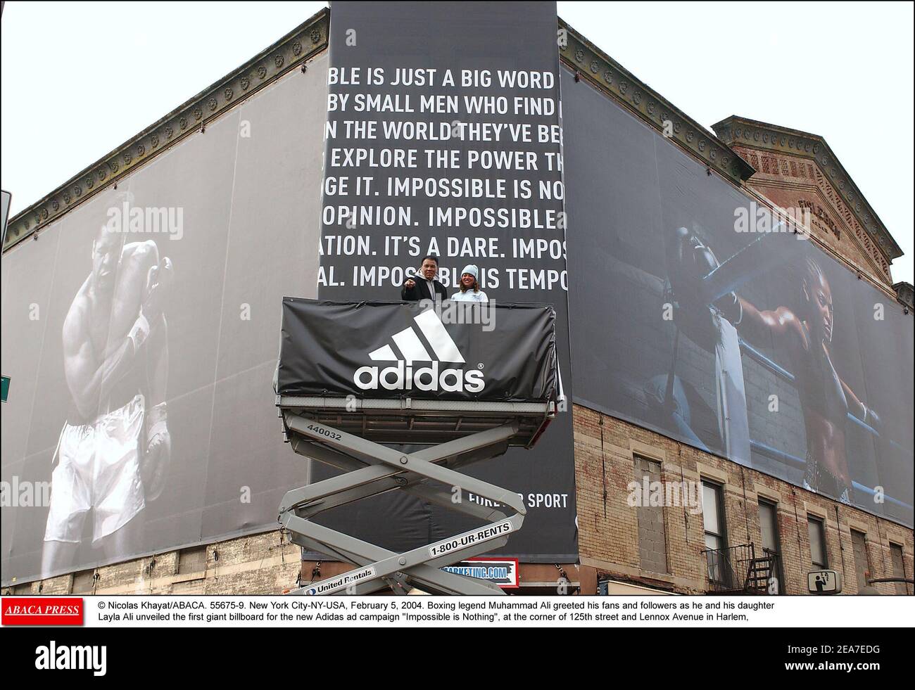 Nicolas Khayat/ABACA. 55675-9. New York City-NY-USA, February 5, 2004.  Boxing legend Muhammad Ali greeted his fans and followers as he and his  daughter Layla Ali unveiled the first giant billboard for