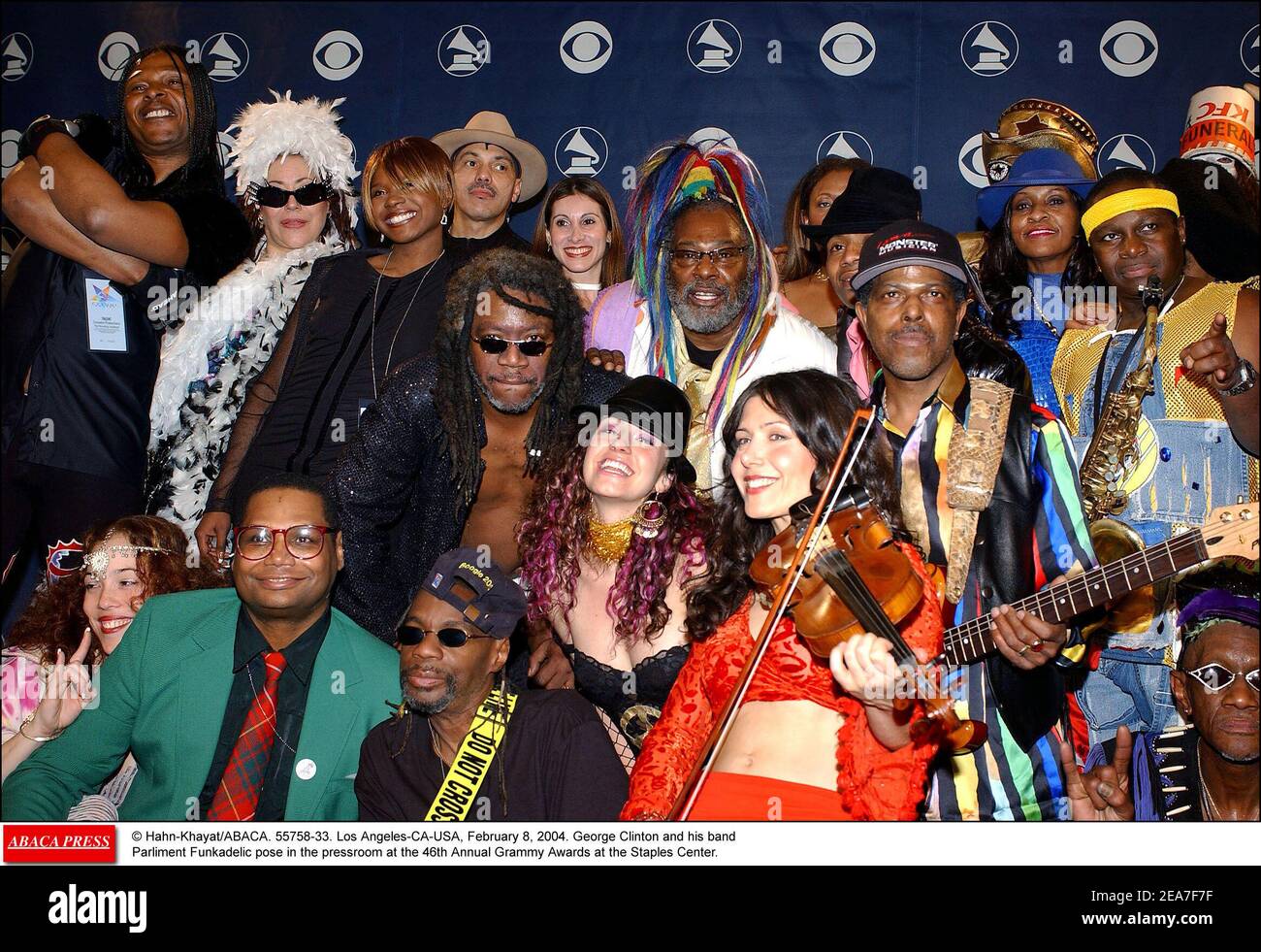 © Hahn-Khayat/ABACA. 55758-33. Los Angeles-CA-USA, February 8, 2004. George Clinton and his band Parliament Funkadelic pose in the pressroom at the 46th Annual Grammy Awards at the Staples Center. Stock Photo