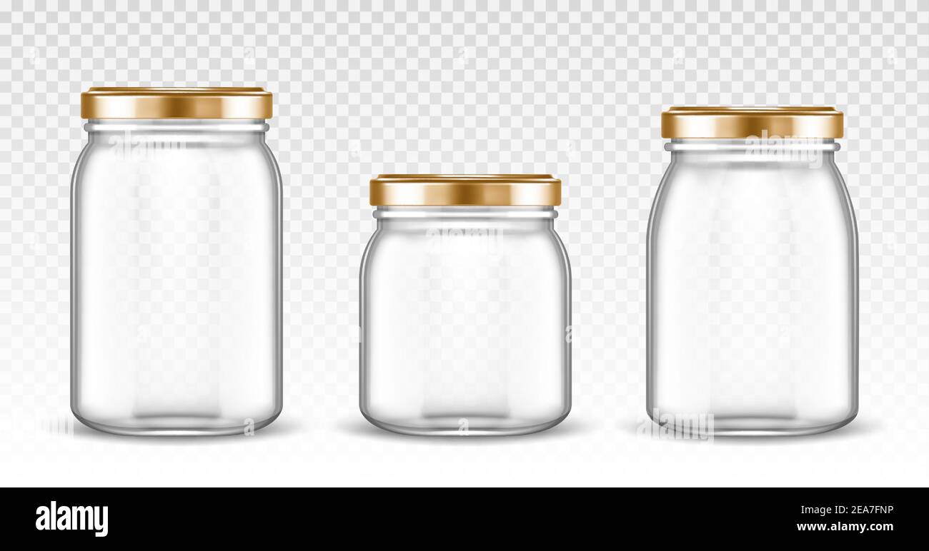 Empty glass jars different shapes with gold lids isolated on transparent background. Vector realistic mockup of empty clear bottles with screw cap for jam, canning and preserve food Stock Vector