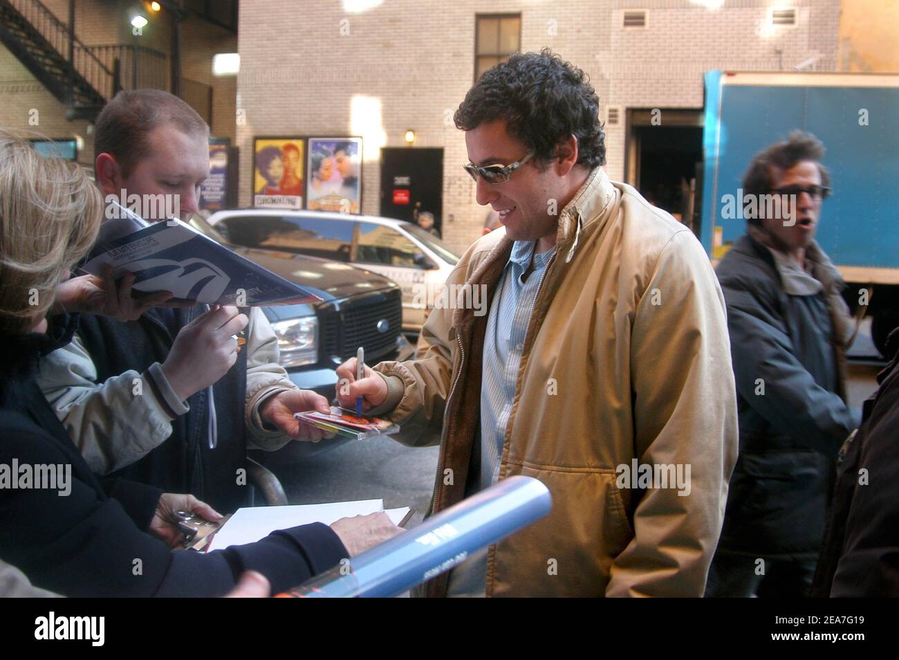 New York, NY, USA - February 11, 2004. Adam Sandler arrives at the David Letterman Show to promote his new movie First 50 dates. (pictured: Adam Sandler) Photo by Antoine Cau/Abaca Stock Photo