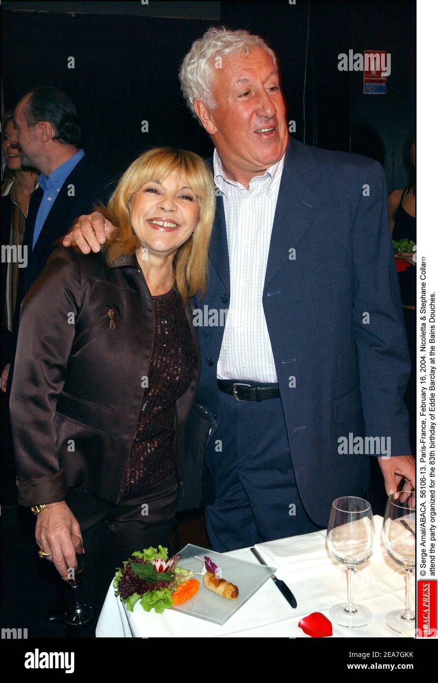 © Serge Arnal/ABACA. 56106-13. Paris-France, February 16, 2004. Nicoletta & Stephane Collaro attend the party organized for the 83rd birthday of Eddie Barclay at the Bains Douches. Stock Photo