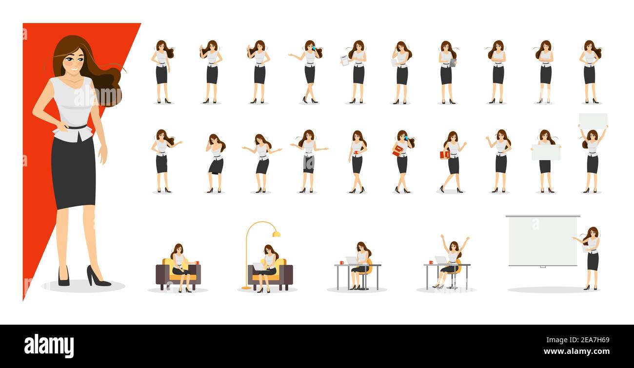 Beautiful business woman in skirt and blouse showing gestures and emotions in different poses set. Office young businesswoman character collection. EPS female standing, sitting, walking, happy, angry Stock Vector
