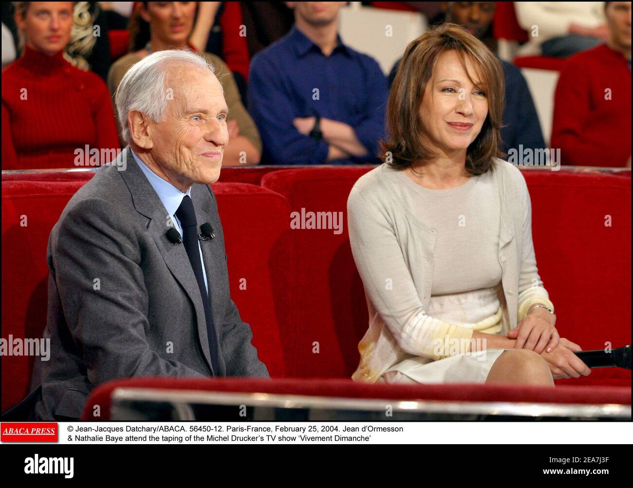 © Jean-Jacques Datchary/ABACA. 56450-12. Paris-France, February 25, 2004. Jean d'Ormesson & Nathalie Baye attend the taping of the Michel Drucker's TV show ïVivement Dimanche' Stock Photo