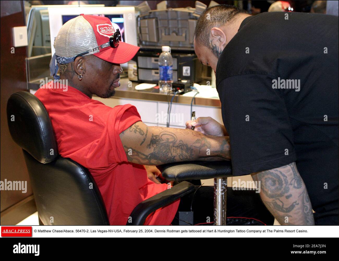 © Matthew Chase/Abaca. 56470-2. Las Vegas-NV-USA, February 25, 2004. Dennis Rodman gets tattooed at Hart & Huntington Tattoo Company at The Palms Resort Casino. Stock Photo