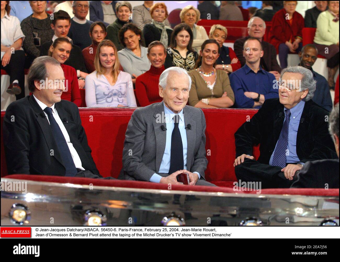 © Jean-Jacques Datchary/ABACA. 56450-6. Paris-France, February 25, 2004. Jean-Marie Rouart, Jean d'Ormesson & Bernard Pivot attend the taping of the Michel Drucker's TV show ïVivement Dimanche' Stock Photo