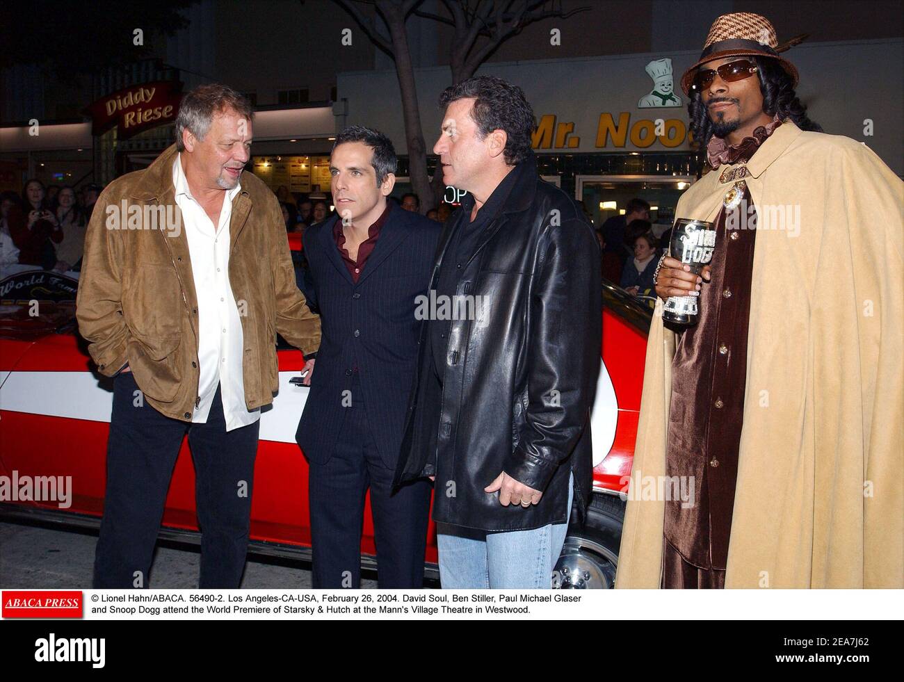 David Soul, Ben Stiller, Paul Michael Glaser and Snoop Dogg attend the World Premiere of Starsky & Hutch at the Mann's Village Theatre in Westwood. Los Angeles, February 26, 2004. (Pictured: David Soul, Ben Stiller, Paul Michael Glaser, Snoop Dogg). Photo by Lionel Hahn/Abaca. Stock Photo