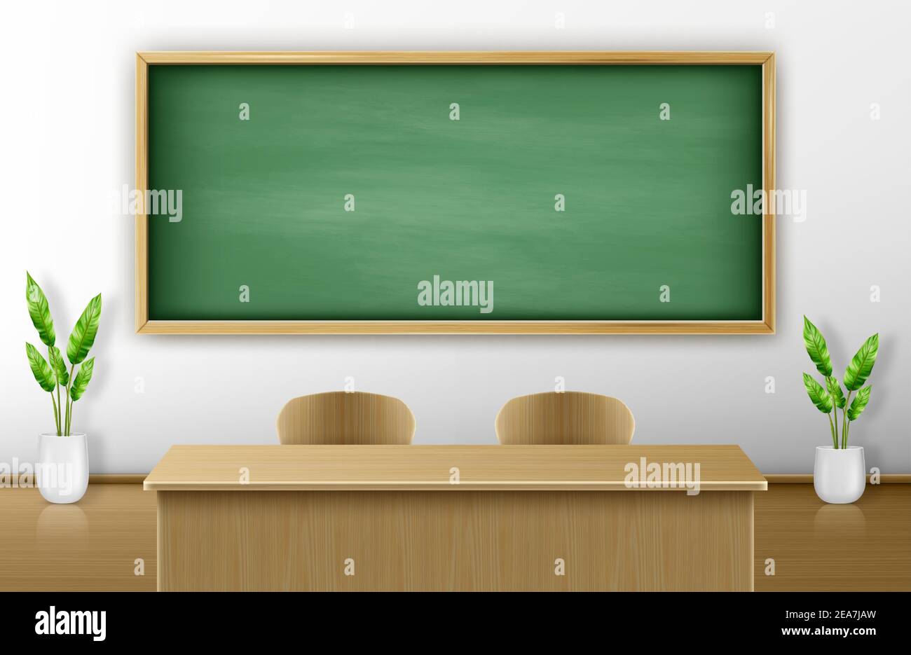 Classroom with green blackboard on wall and wooden teacher table with chairs. Empty chalkboard background for presentation, online conference or live stream, back to school Realistic 3d vector concept Stock Vector