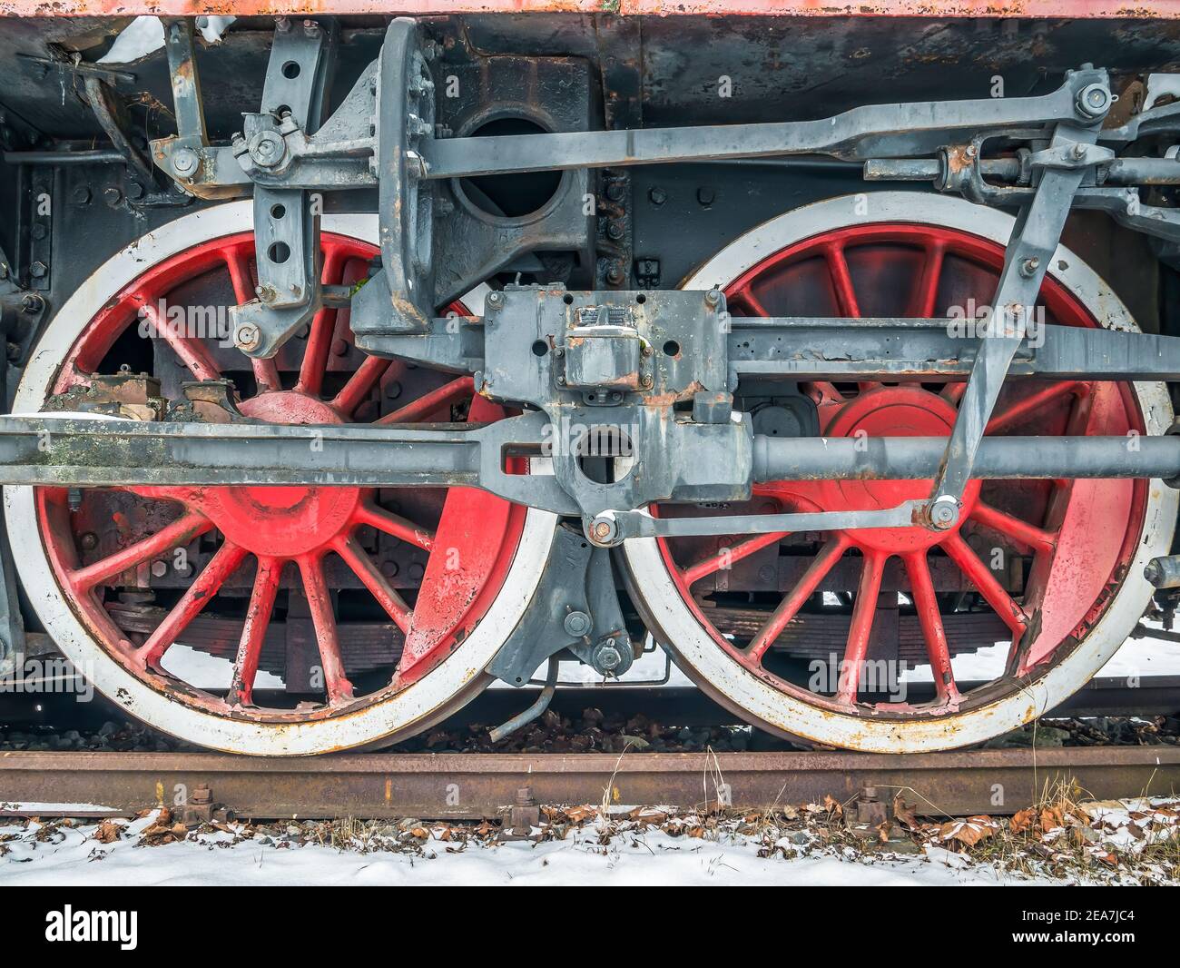 Close up with train wheels on track. Wheels of a train on the railway