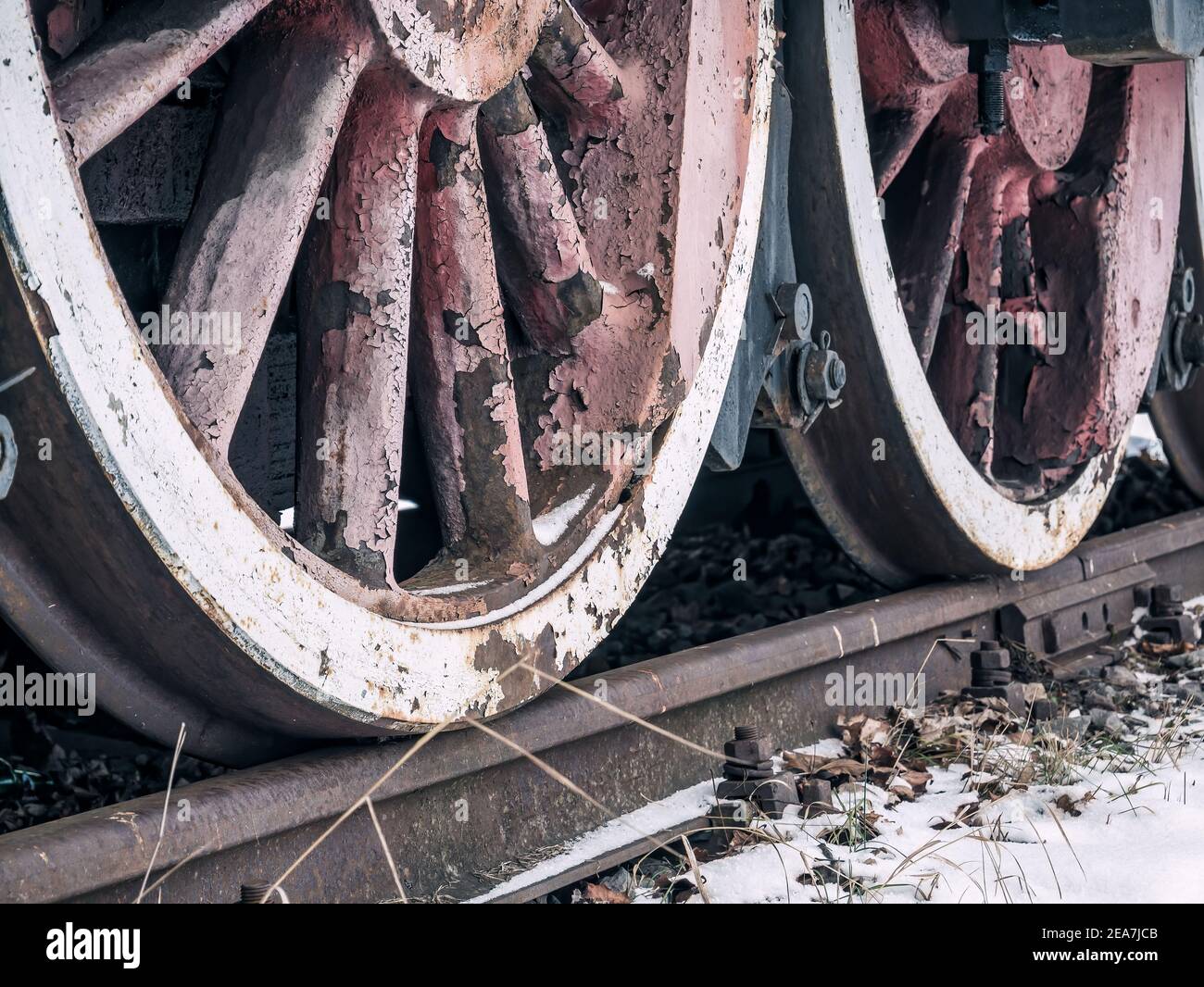 Close up with train wheels on track. Wheels of a train on the railway
