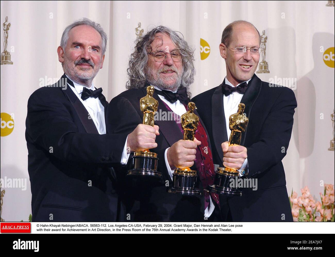 Grant Major, Dan Hennah and Alan Lee pose with their award for Achievement in Art Direction, in the Press Room of the 76th Annual Academy Awards in the Kodak Theater, Los Angeles, CA. February 29, 2004 (Pictured : Grant Major, Dan Hennah, Alan Lee) Photo by Hahn-Khayat-Nebinger/ABACA Stock Photo