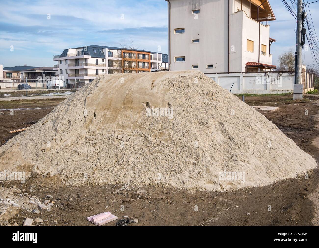 Pile of sand for construction. Sand used to make concrete and road construction. Stock Photo