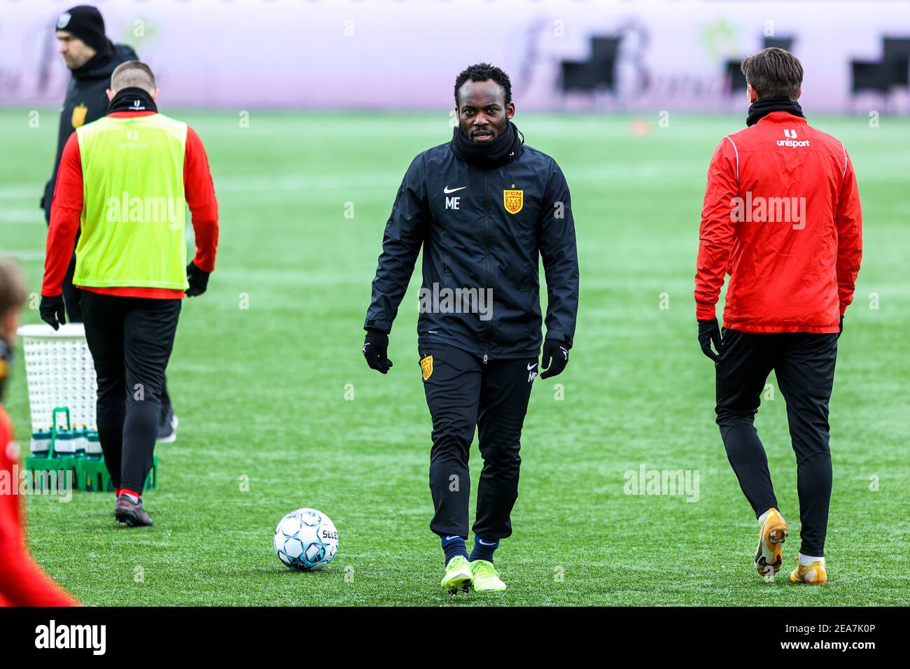 Farum, Denmark. 7th Feb, 2021. Michael Essien of FC Nordsjaelland seen during warm-up before the 3F Superliga match between FC Nordsjaelland and Odense Boldklub in Right to Dream Park in Farum. (Photo Credit: Gonzales Photo/Alamy Live News Stock Photo