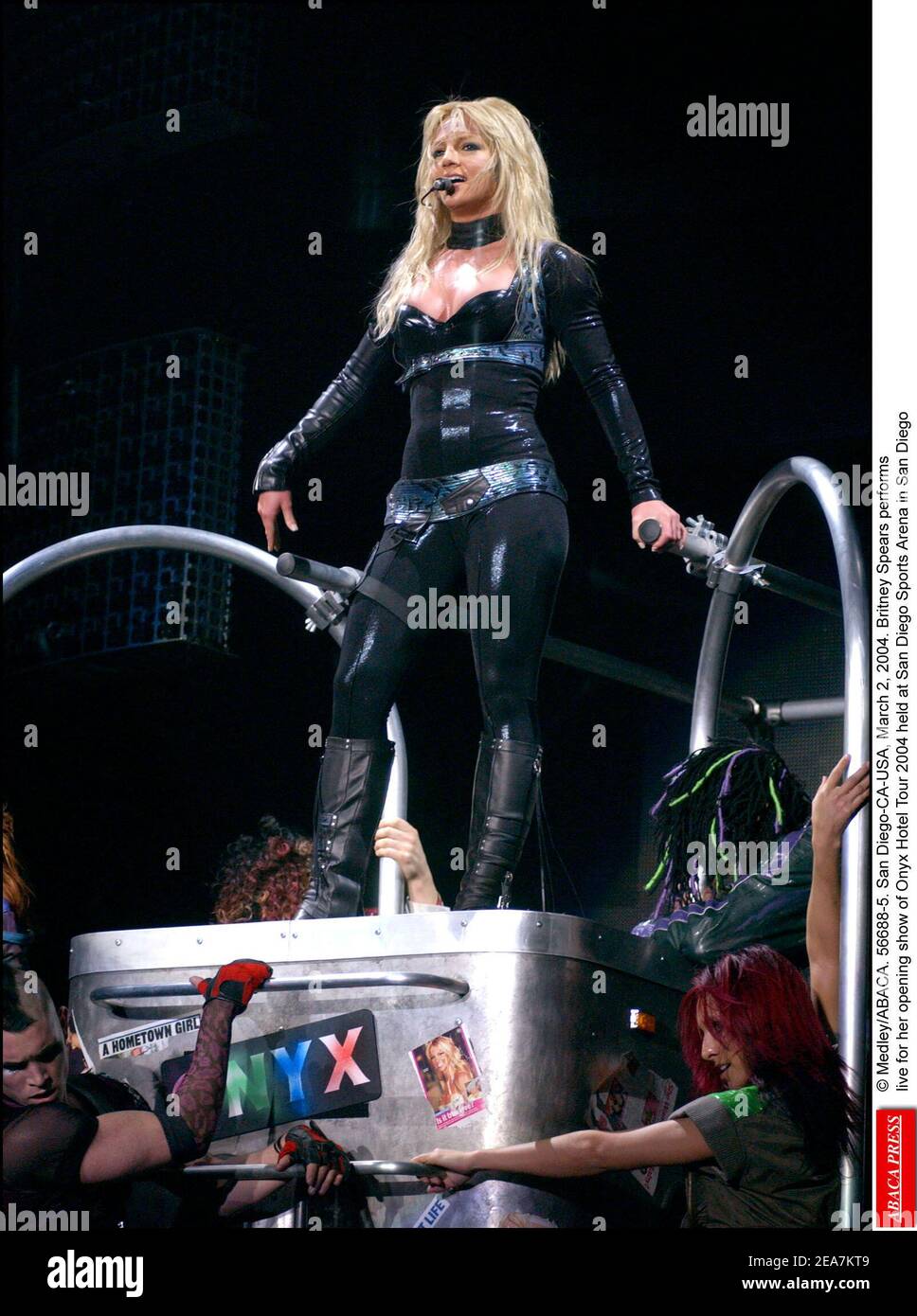 © Medley/ABACA. 56688-5. San Diego-CA-USA, March 2, 2004. Britney Spears performs live for her opening show of Onyx Hotel Tour 2004 held at San Diego Sports Arena in San Diego Stock Photo