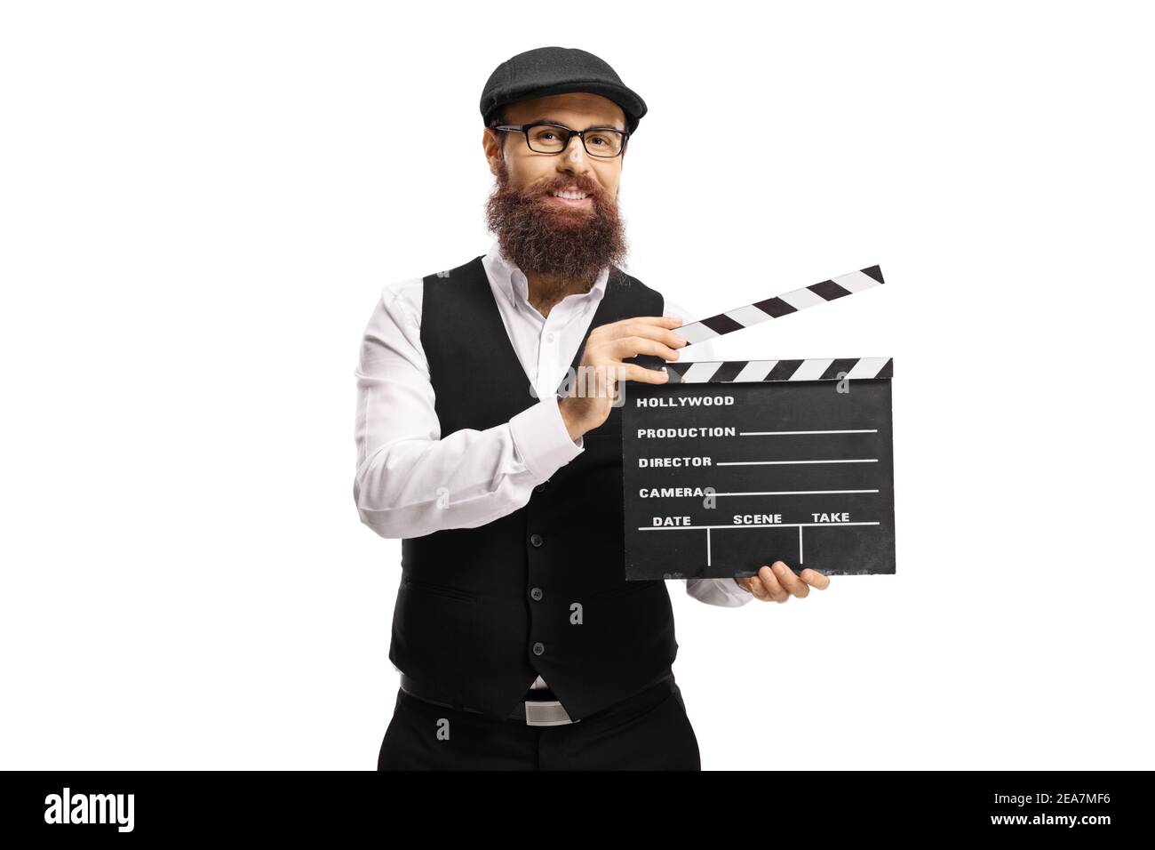 Move director with beard and glasses holding a clapperboard isolated on white background Stock Photo