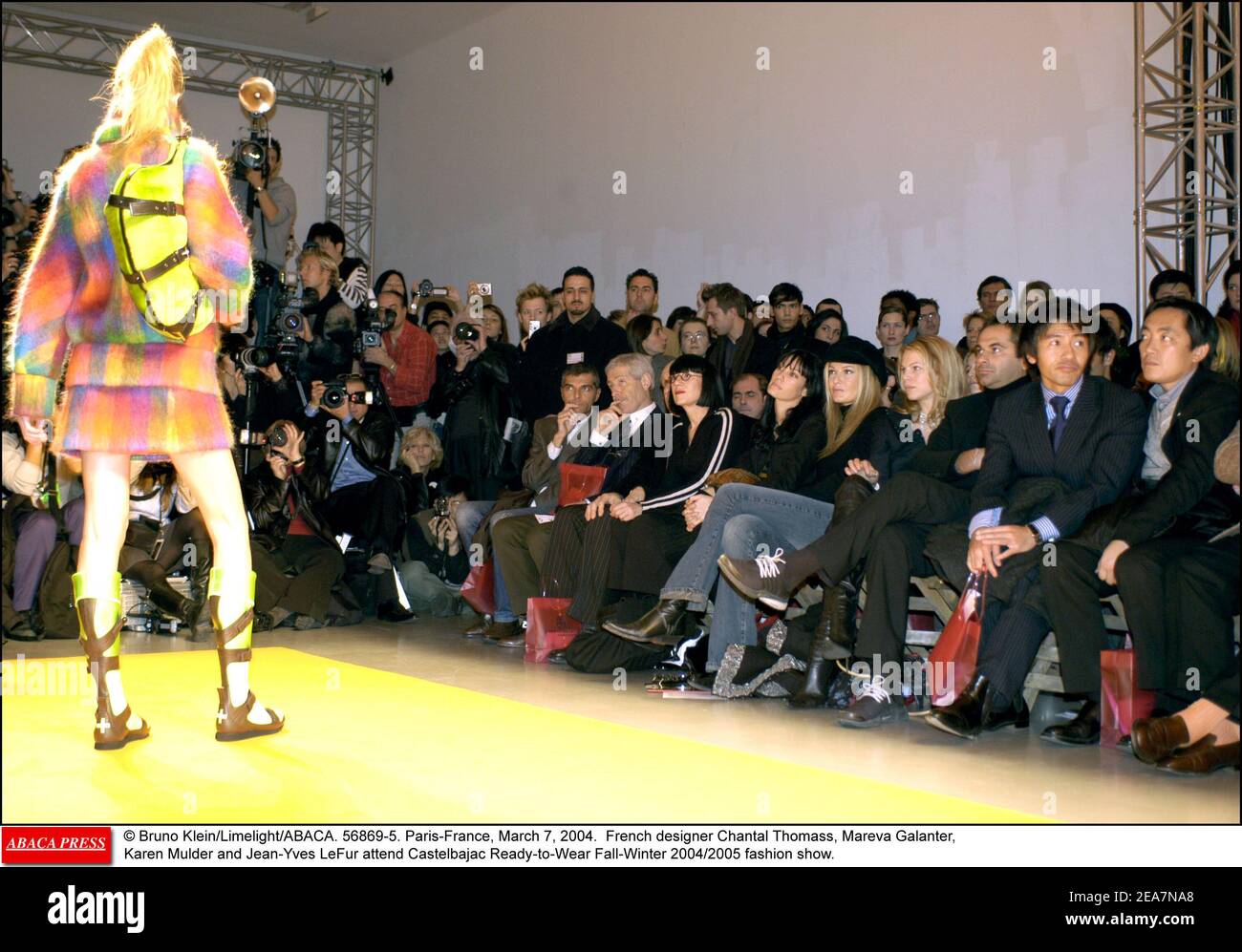 © Bruno Klein/Limelight/ABACA. 56869-5. Paris-France, March 7, 2004. French designer Chantal Thomass, Mareva Galanter, Karen Mulder and Jean-Yves LeFur attend Castelbajac Ready-to-Wear Fall-Winter 2004/2005 fashion show. Stock Photo