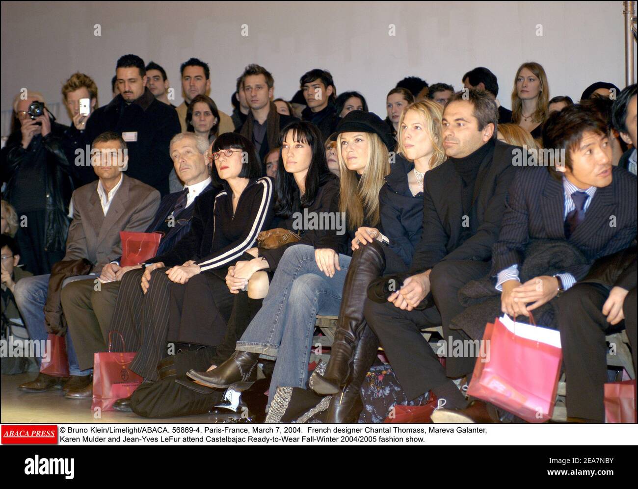 © Bruno Klein/Limelight/ABACA. 56869-4. Paris-France, March 7, 2004. French designer Chantal Thomass, Mareva Galanter, Karen Mulder and Jean-Yves LeFur attend Castelbajac Ready-to-Wear Fall-Winter 2004/2005 fashion show. Stock Photo