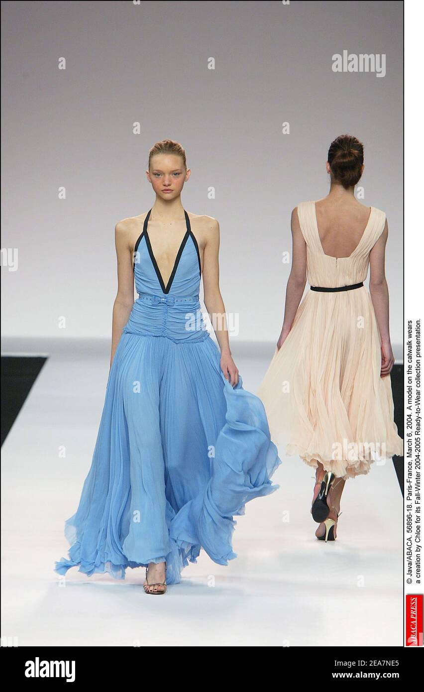 © Java/ABACA. 56896-18. Paris-France, March 6, 2004. A model on the catwalk wears a creation by Chloe for its Fall-Winter 2004-2005 Ready-to-Wear collection presentation. Stock Photo