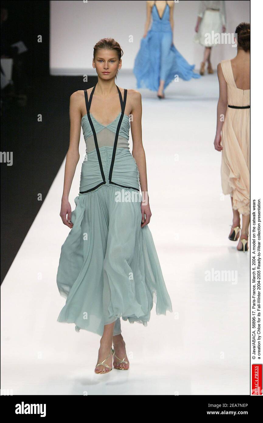 © Java/ABACA. 56896-17. Paris-France, March 6, 2004. A model on the catwalk wears a creation by Chloe for its Fall-Winter 2004-2005 Ready-to-Wear collection presentation. Stock Photo