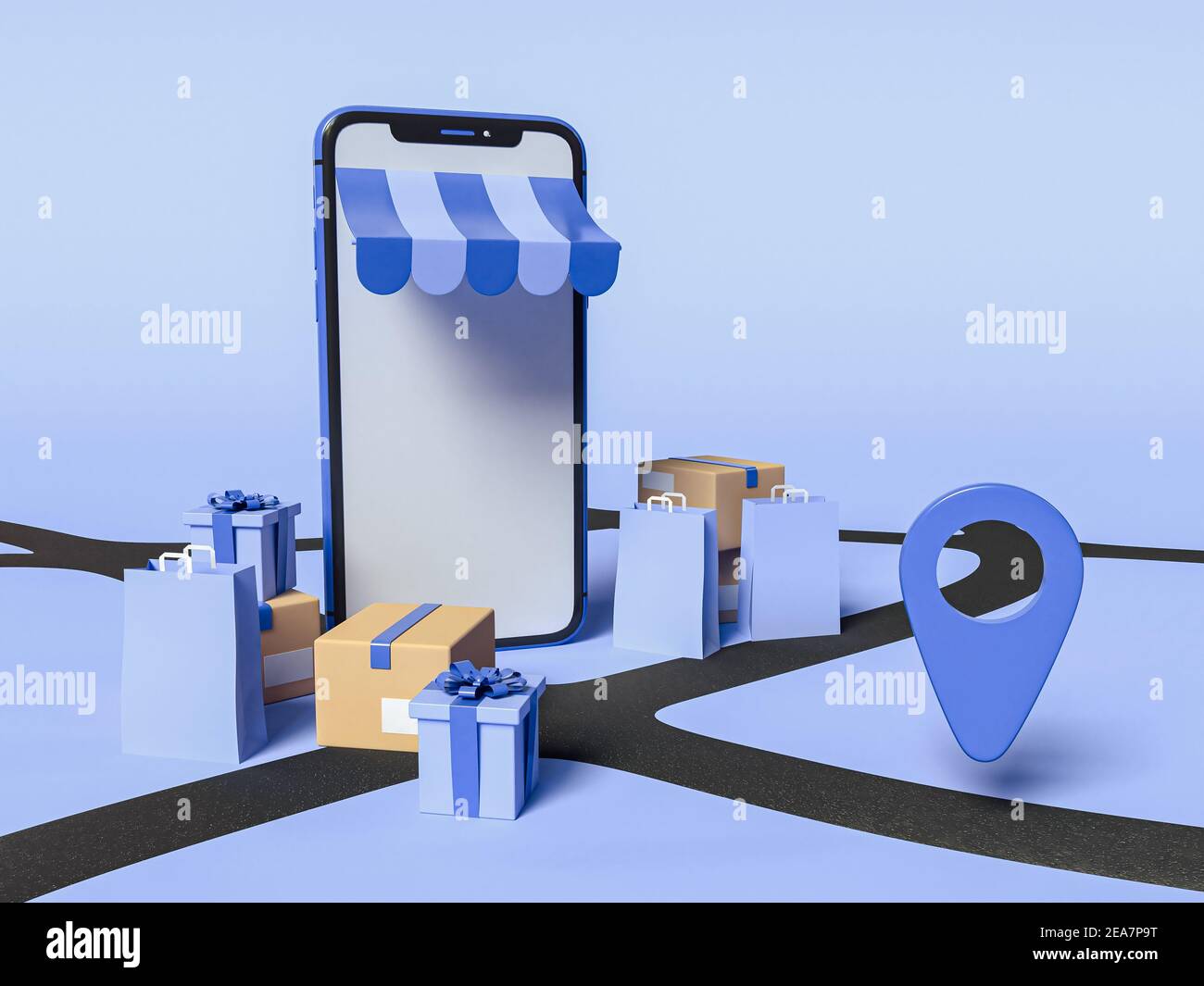 3D Illustration. Smartphone with a map pointer and boxes Stock Photo ...