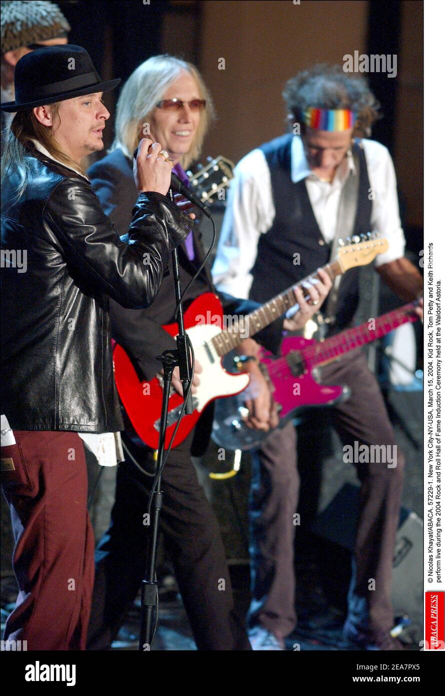 Kid Rock, Tom Petty and Keith Richards perform live during the 2004 Rock and Roll Hall of Fame Induction Ceremony held at the Waldorf Astoria in New York, on Monday, March 15, 2004. (Pictured : Kid Rock, Tom Petty, Keith Richards). Photo by Nicolas Khayat/ABACA. Stock Photo