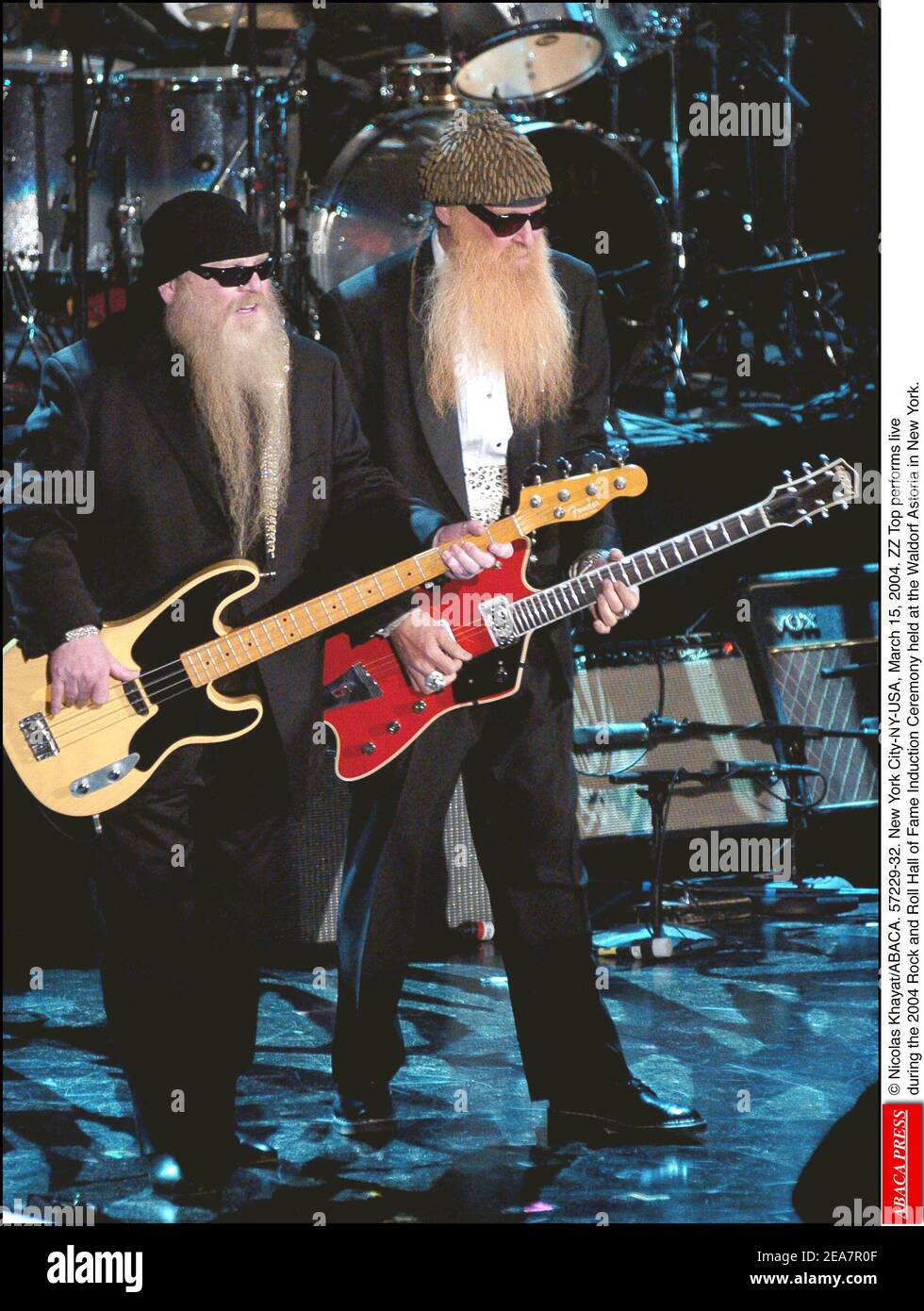 ZZ Top performs live during the 2004 Rock and Roll Hall of Fame Induction  Ceremony held at the Waldorf Astoria in New York, on Monday, March 15,  2004. (Pictured : ZZ Top).