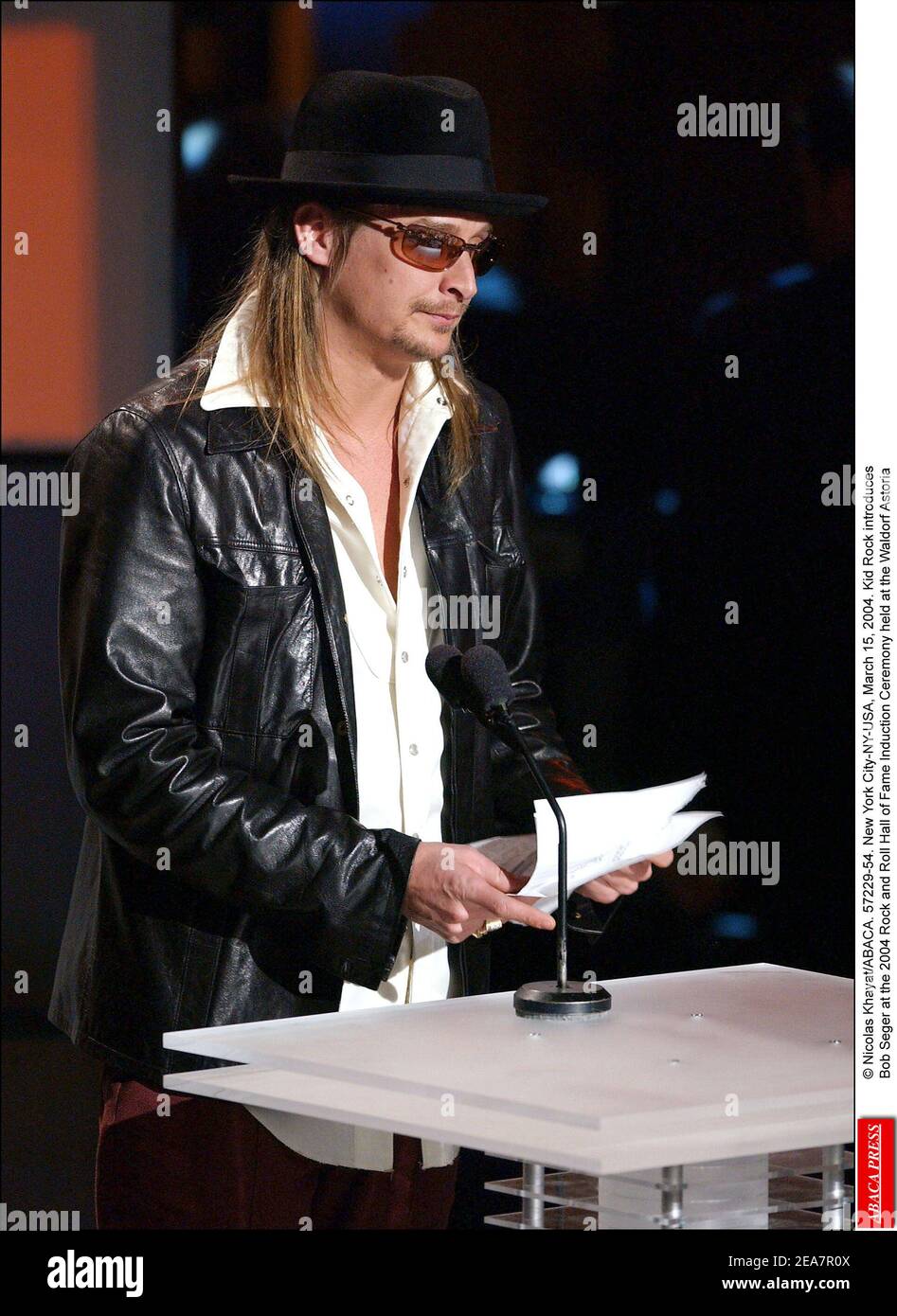 Kid Rock introduces Bob Seger at the 2004 Rock and Roll Hall of Fame Induction Ceremony held at the Waldorf Astoria in New York, on Monday, March 15, 2004. (Pictured : Kid Rock). Photo by Nicolas Khayat/ABACA. Stock Photo