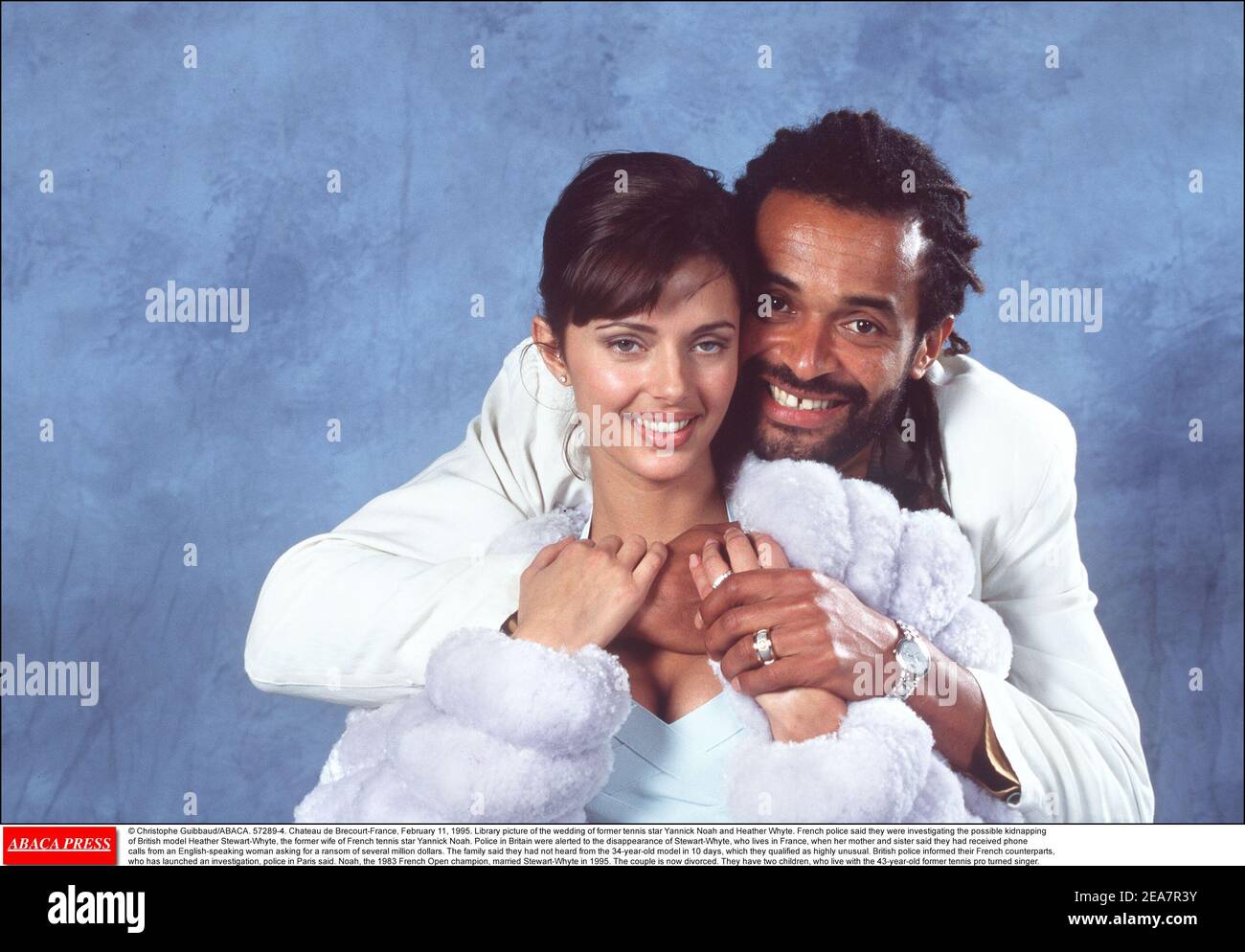 © Christophe Guibbaud/ABACA. 57289-4. Chateau de Brecourt-France, February 11, 1995. Library picture of the wedding of former tennis star Yannick Noah and Heather Whyte. French police said they were investigating the possible kidnapping of British model Heather Stewart-Whyte, the former wife of French tennis star Yannick Noah. Police in Britain were alerted to the disappearance of Stewart-Whyte, who lives in France, when her mother and sister said they had received phone calls from an English-speaking woman asking for a ransom of several million dollars. The family said they had not heard from Stock Photo