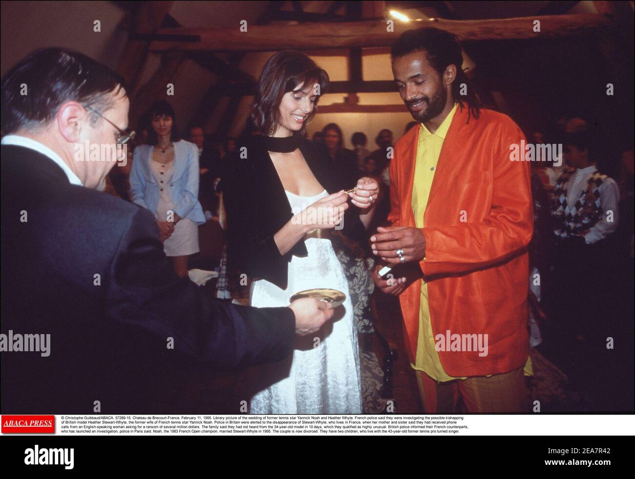 © Christophe Guibbaud/ABACA. 57289-15. Chateau de Brecourt-France, February 11, 1995. Library picture of the wedding of former tennis star Yannick Noah and Heather Whyte. French police said they were investigating the possible kidnapping of British model Heather Stewart-Whyte, the former wife of French tennis star Yannick Noah. Police in Britain were alerted to the disappearance of Stewart-Whyte, who lives in France, when her mother and sister said they had received phone calls from an English-speaking woman asking for a ransom of several million dollars. The family said they had not heard fro Stock Photo