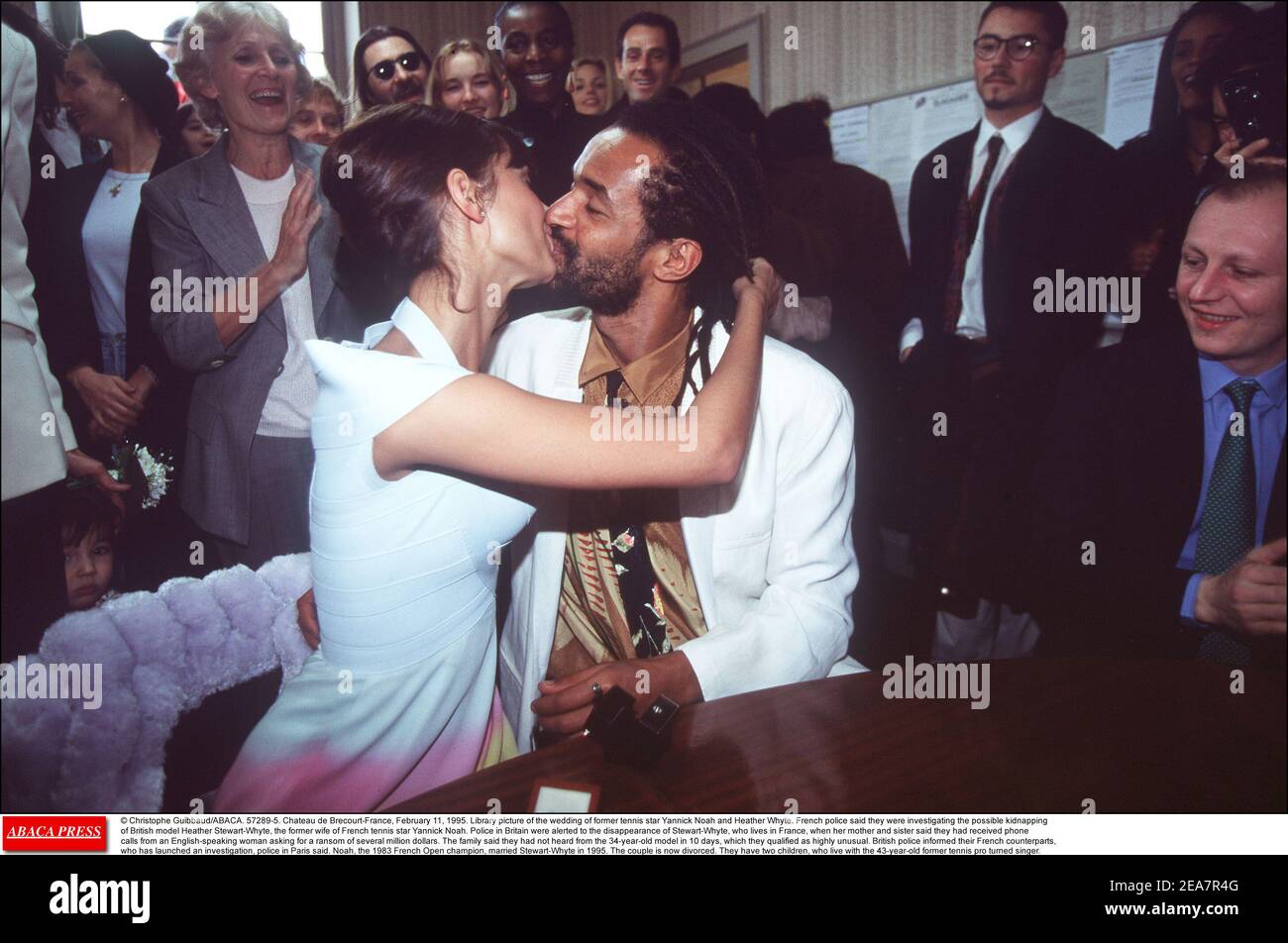 © Christophe Guibbaud/ABACA. 57289-5. Chateau de Brecourt-France, February 11, 1995. Library picture of the wedding of former tennis star Yannick Noah and Heather Whyte. French police said they were investigating the possible kidnapping of British model Heather Stewart-Whyte, the former wife of French tennis star Yannick Noah. Police in Britain were alerted to the disappearance of Stewart-Whyte, who lives in France, when her mother and sister said they had received phone calls from an English-speaking woman asking for a ransom of several million dollars. The family said they had not heard from Stock Photo