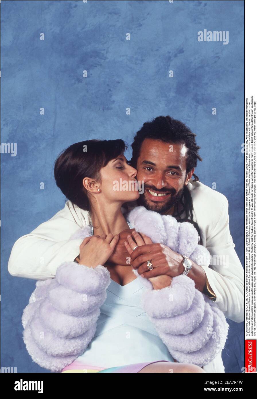 © Christophe Guibbaud/ABACA. 57289-12. Chateau de Brecourt-France, February 11, 1995. Library picture of the wedding of former tennis star Yannick Noah and Heather Whyte. French police said they were investigating the possible kidnapping of British model Heather Stewart-Whyte, the former wife of French tennis star Yannick Noah. Police in Britain were alerted to the disappearance of Stewart-Whyte, who lives in France, when her mother and sister said they had received phone calls from an English-speaking woman asking for a ransom of several million dollars. The family said they had not heard fro Stock Photo