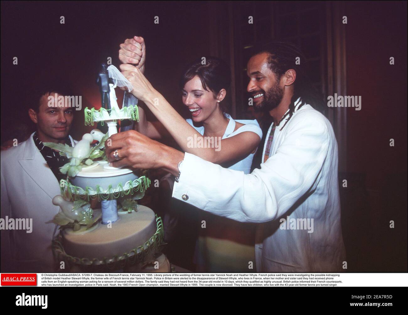 © Christophe Guibbaud/ABACA. 57289-7. Chateau de Brecourt-France, February 11, 1995. Library picture of the wedding of former tennis star Yannick Noah and Heather Whyte. French police said they were investigating the possible kidnapping of British model Heather Stewart-Whyte, the former wife of French tennis star Yannick Noah. Police in Britain were alerted to the disappearance of Stewart-Whyte, who lives in France, when her mother and sister said they had received phone calls from an English-speaking woman asking for a ransom of several million dollars. The family said they had not heard from Stock Photo