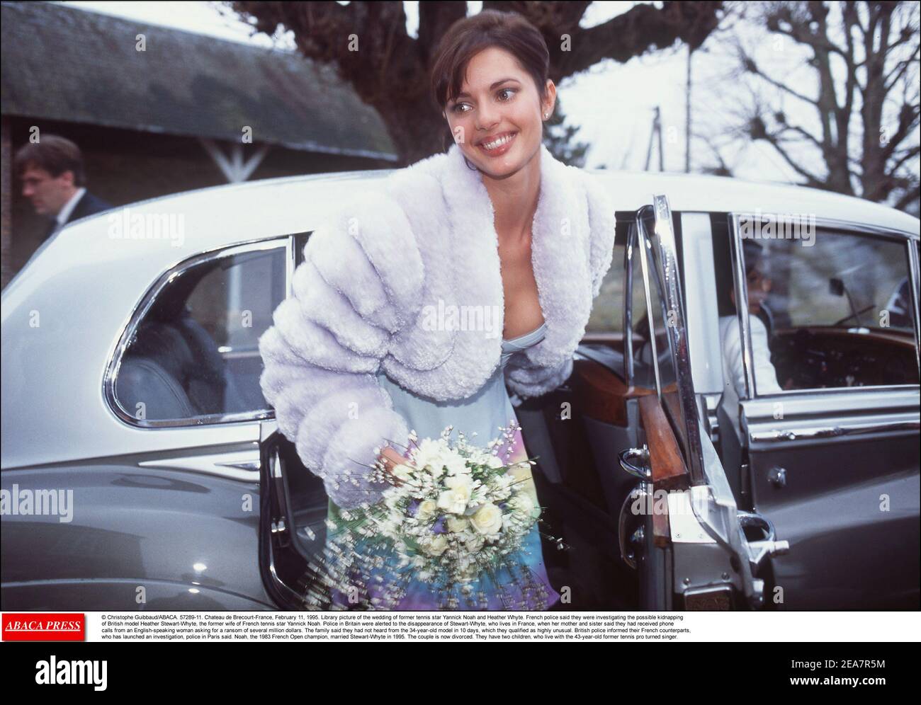 © Christophe Guibbaud/ABACA. 57289-11. Chateau de Brecourt-France, February 11, 1995. Library picture of the wedding of former tennis star Yannick Noah and Heather Whyte. French police said they were investigating the possible kidnapping of British model Heather Stewart-Whyte, the former wife of French tennis star Yannick Noah. Police in Britain were alerted to the disappearance of Stewart-Whyte, who lives in France, when her mother and sister said they had received phone calls from an English-speaking woman asking for a ransom of several million dollars. The family said they had not heard fro Stock Photo