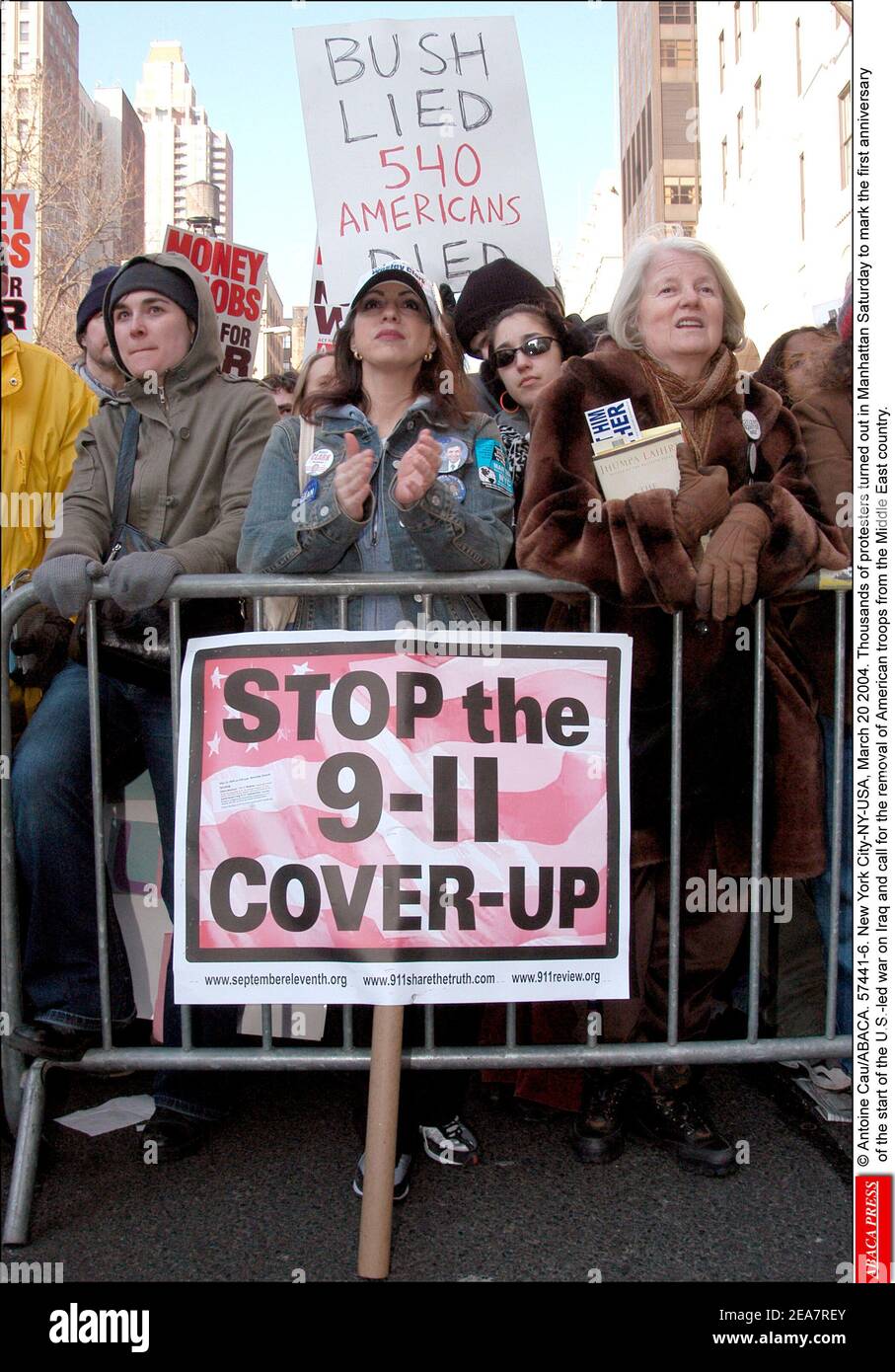 © Antoine Cau/ABACA. 57441-6. New York City-NY-USA, March 20 2004. Thousands of protesters turned out in Manhattan Saturday to mark the first anniversary of the start of the U.S.-led war on Iraq and call for the removal of American troops from the Middle East country. Stock Photo