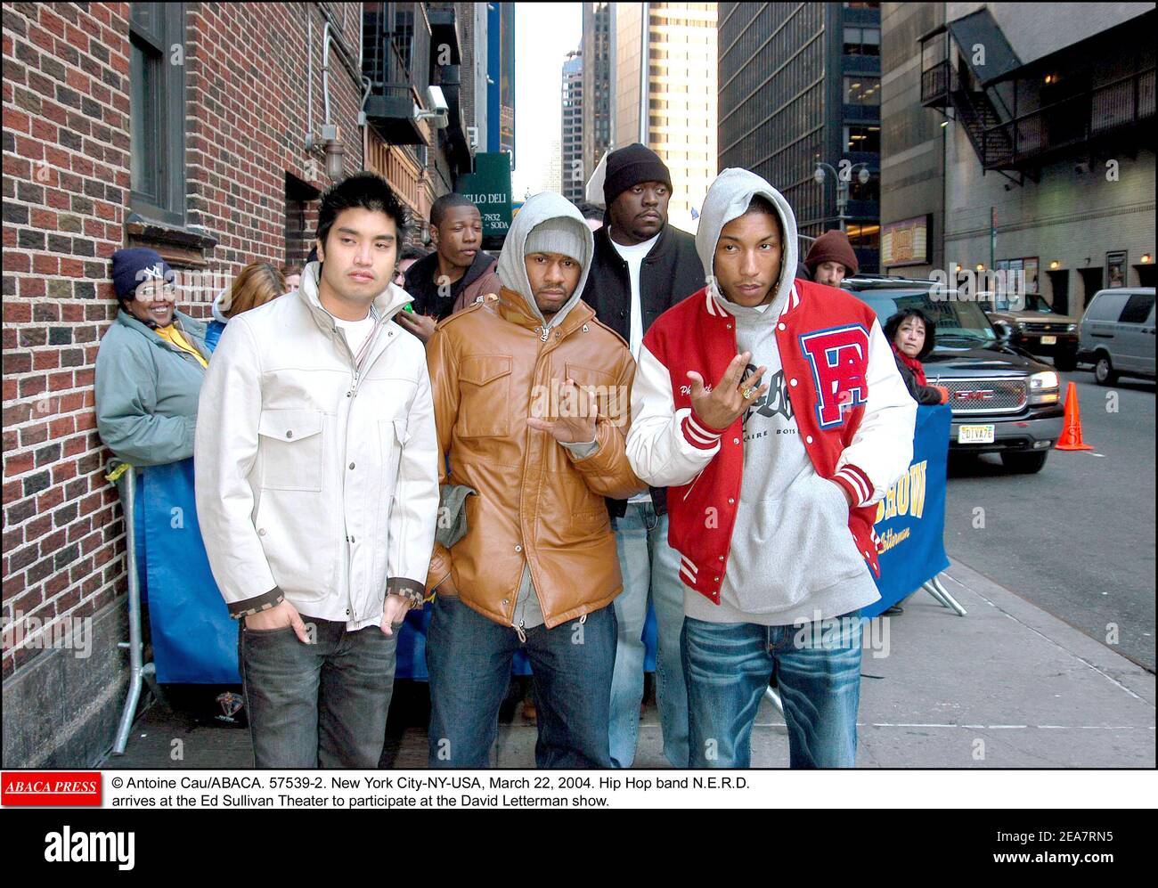 © Antoine Cau/ABACA. 57539-2. New York City-NY-USA, March 22, 2004. Hip Hop band N.E.R.D. arrives at the Ed Sullivan Theater to participate at the David Letterman show. Stock Photo