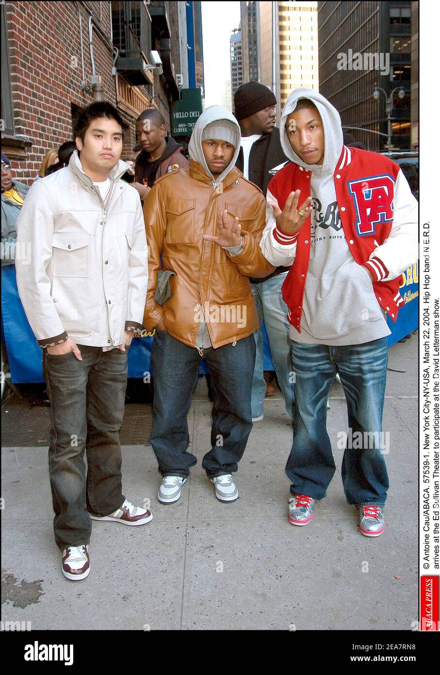 © Antoine Cau/ABACA. 57539-1. New York City-NY-USA, March 22, 2004. Hip Hop band N.E.R.D. arrives at the Ed Sullivan Theater to participate at the David Letterman show. Stock Photo