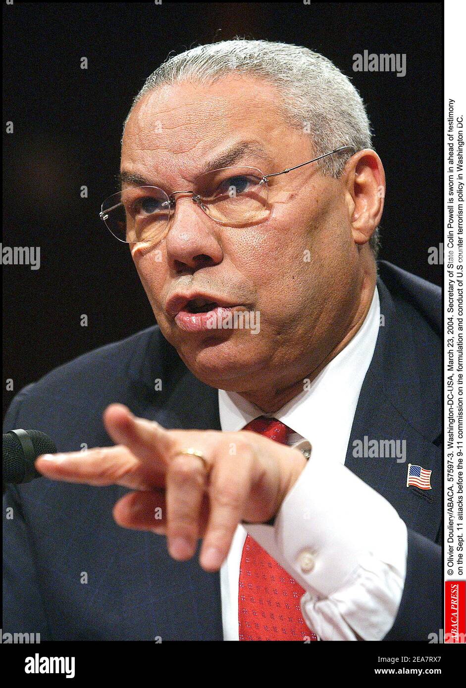 © Olivier Douliery/ABACA. 57597-3. Washington-DC-USA, March 23, 2004. Secretary of State Colin Powell is sworn in ahead of testimony on the Sept. 11 attacks before the 9-11 commission on the formulation and conduct of U.S counter terrorism policy in Washington DC. Stock Photo