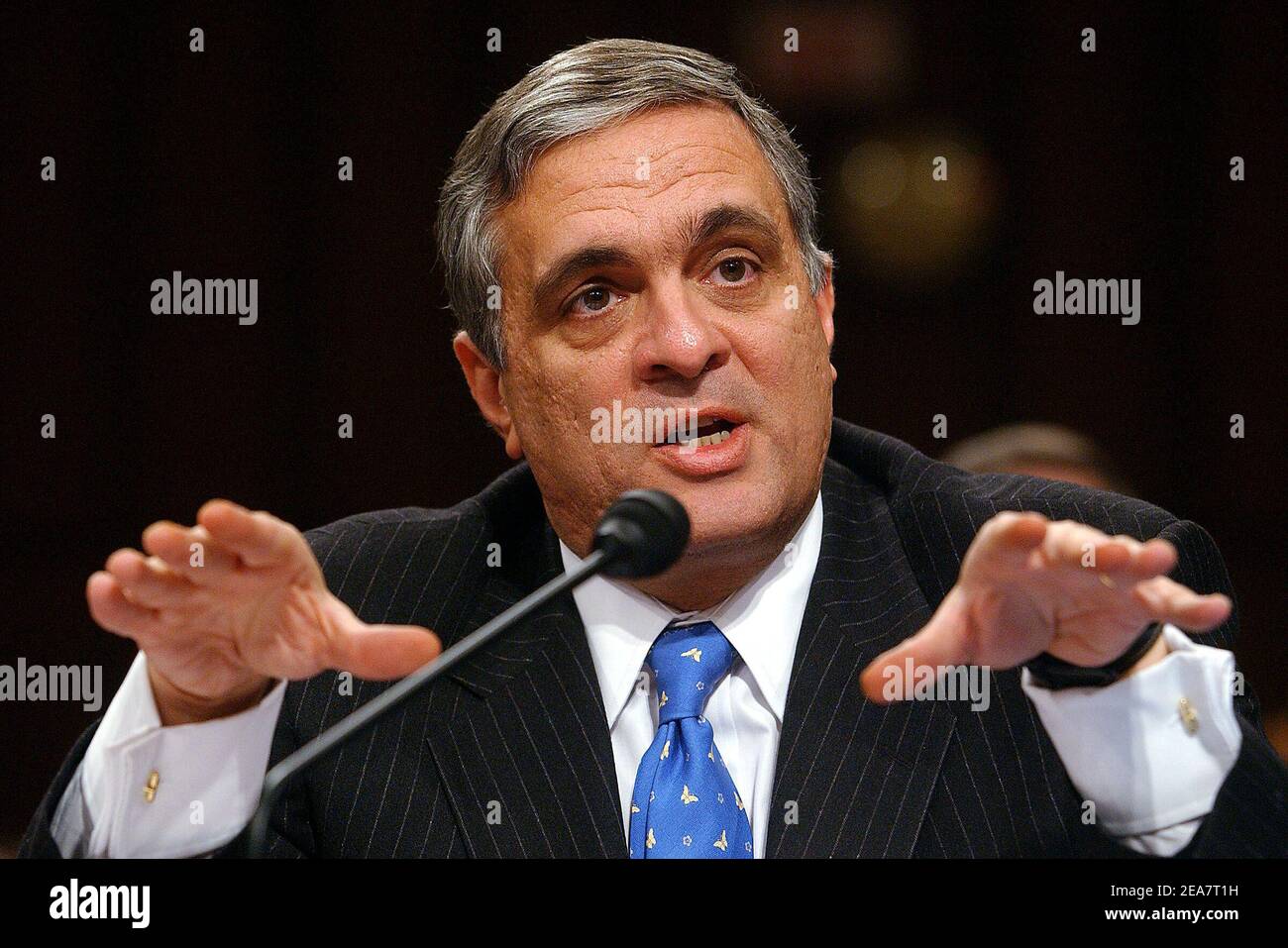 © Olivier Douliery/ABACA. 57636-9. Washington-DC-USA, March 24, 2004. Director of the CIA George tenet, testifies before the 9-11 commission on the formulation and conduct of U.S counter terrorism policy, March 24, 2004, in Washington DC. Stock Photo