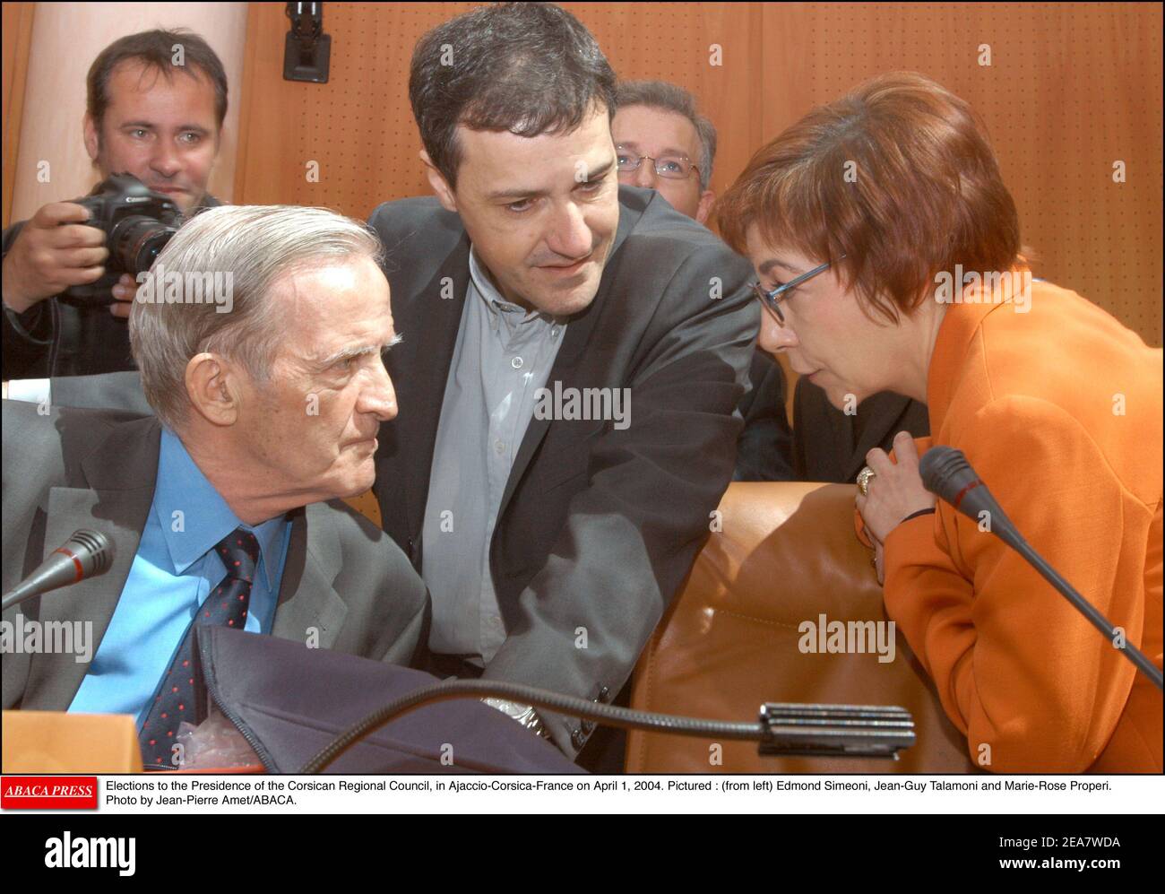 Elections to the Presidence of the Corsican Regional Council, in  Ajaccio-Corsica-France on April 1, 2004. Pictured : (from left) Edmond  Simeoni, Jean-Guy Talamoni. Photo by Jean-Pierre Amet/ABACA Stock Photo -  Alamy