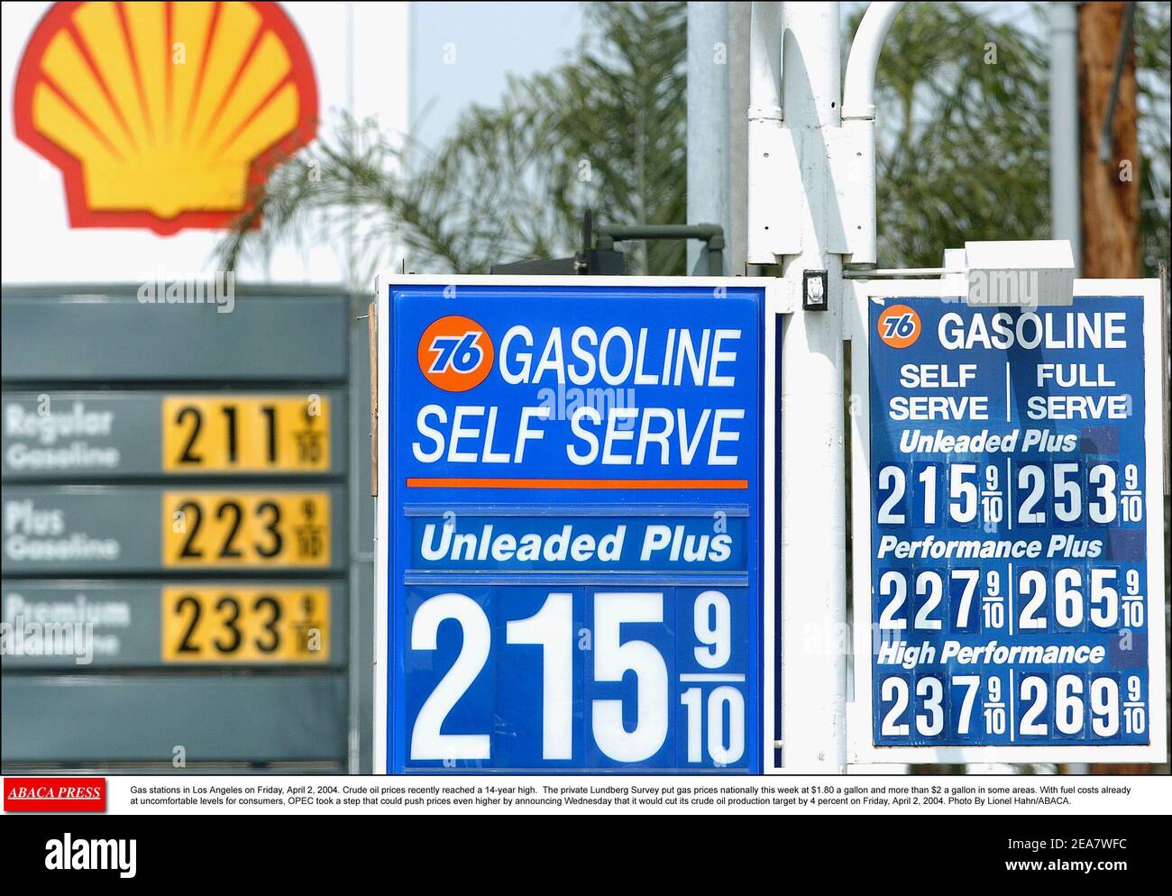 Gas stations in Los Angeles on Friday, April 2, 2004. Crude oil prices  recently reached a 14-year high. The private Lundberg Survey put gas prices  nationally this week at $1.80 a gallon