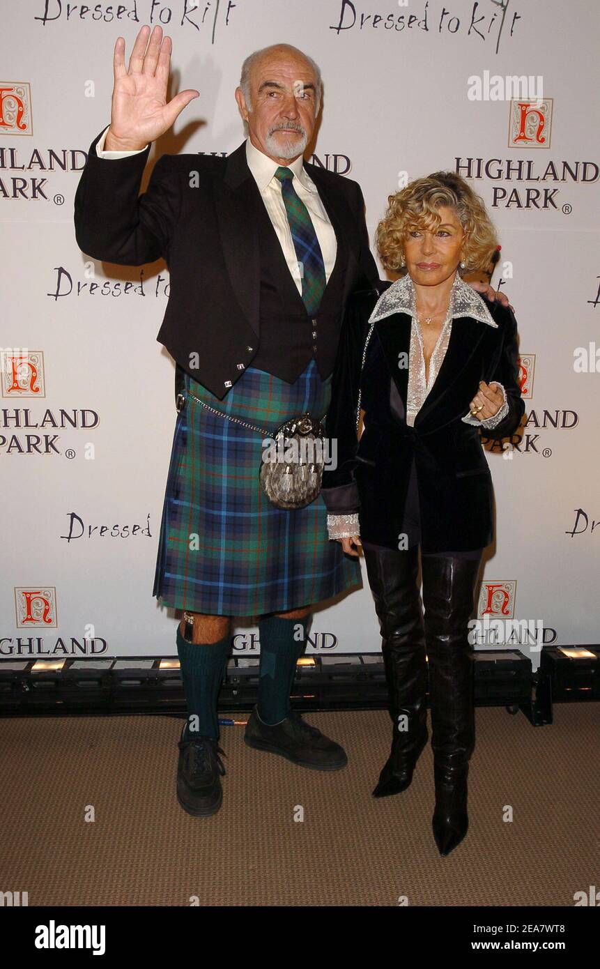 Sir Sean Connery and his wife Micheline Roquebrune arrive at the Dressed To Kilt party, held at Sotheby's in New York, on Monday, April 5, 2004. (Pictured : Sean Connery, Micheline Roquebrune). Photo by Nicolas Khayat/ABACA. Stock Photo