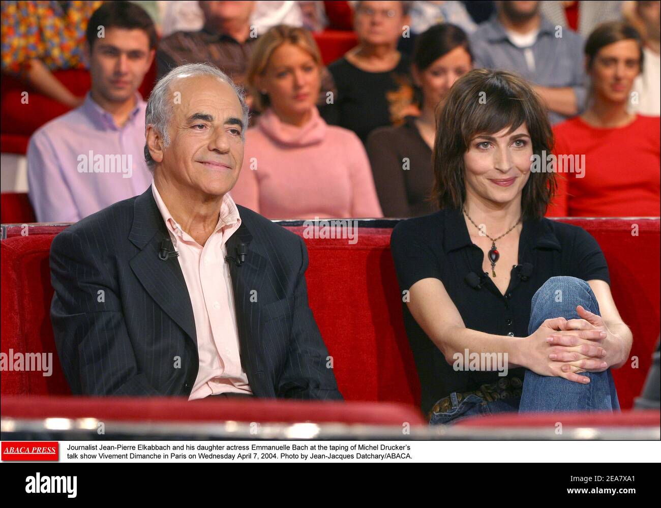 Journalist Jean-Pierre Elkabbach and his daughter actress Emmanuelle Bach  at the taping of Michel Drucker's talk show Vivement Dimanche in Paris on  Wednesday April 7, 2004. Photo by Jean-Jacques Datchary/ABACA Stock Photo -