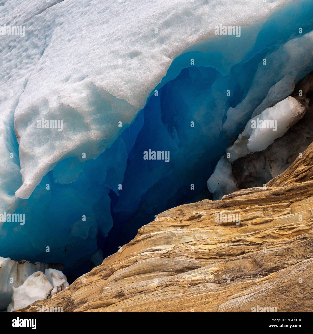 Glacial landscape of Austerdalsisen glacier in Norway. Summertime conditions. Touristic place in northern Norway. Beautiful tecture of the rocks and p Stock Photo