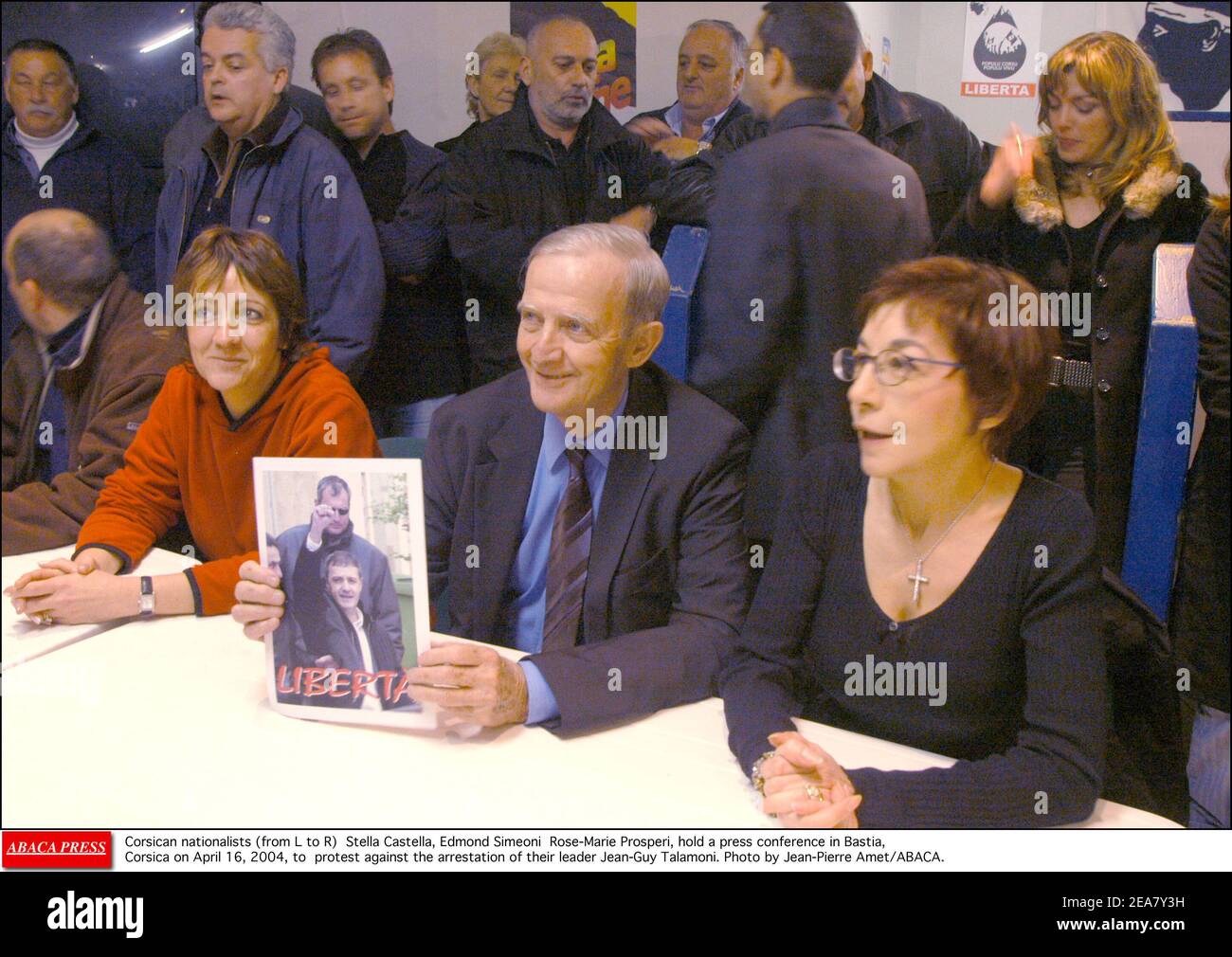 Corsican nationalists (from L to R) Stella Castella, Edmond Simeoni Rose-Marie Prosperi, hold a press conference in Bastia, Corsica on April 16, 2004, to protest against the arrestation of their leader Jean-Guy Talamoni. Photo by Jean-Pierre Amet/ABACA. Stock Photo