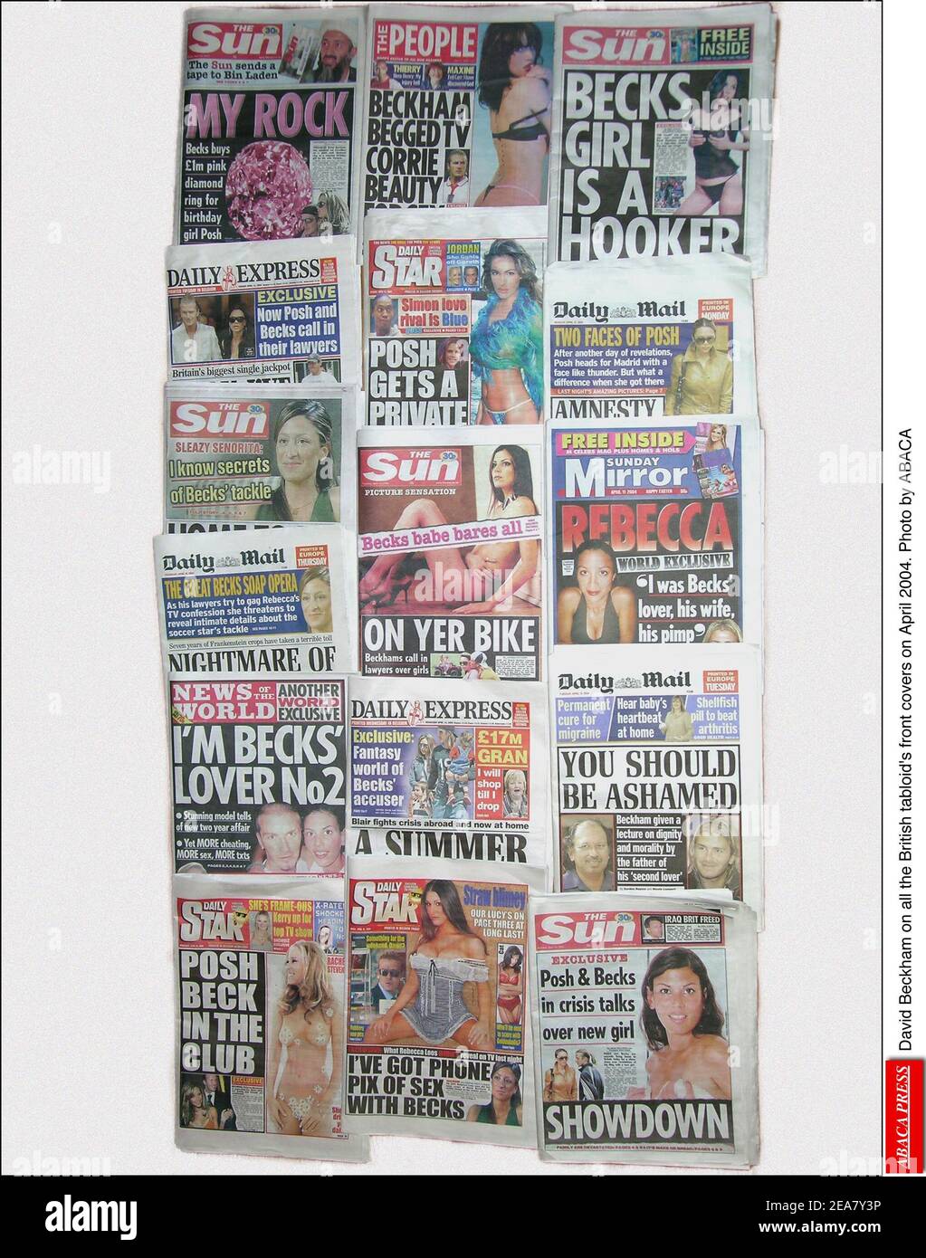 David Beckham on all the British tabloid's front covers on April 2004. Photo by ABACA Stock Photo