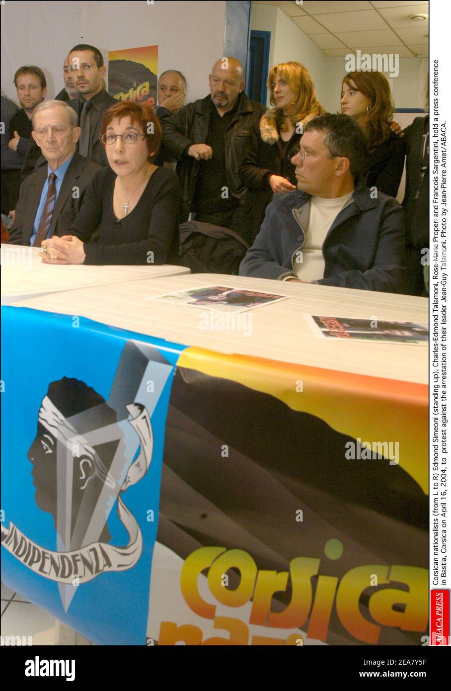 Corsican nationalists (from L to R) Edmond Simeoni (standing up), Charles-Edmond Talamoni, Rose-Marie Properi and Francois Sargentini, hold a press conference in Bastia, Corsica on April 16, 2004, to protest against the arrestation of their leader Jean-Guy Talamoni. Photo by Jean-Pierre Amet/ABACA. Stock Photo