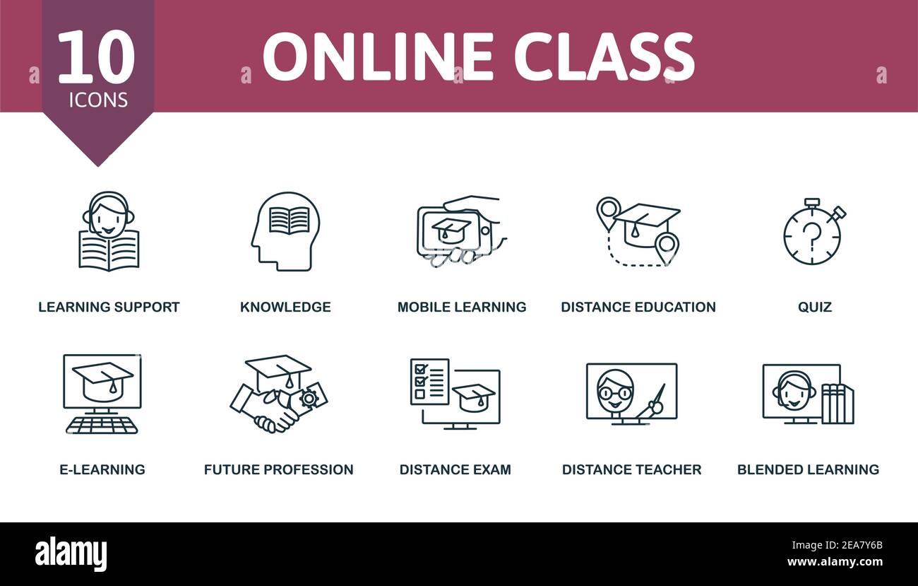 Online Class icon set. Collection contain audio book, knowledge, quiz ...