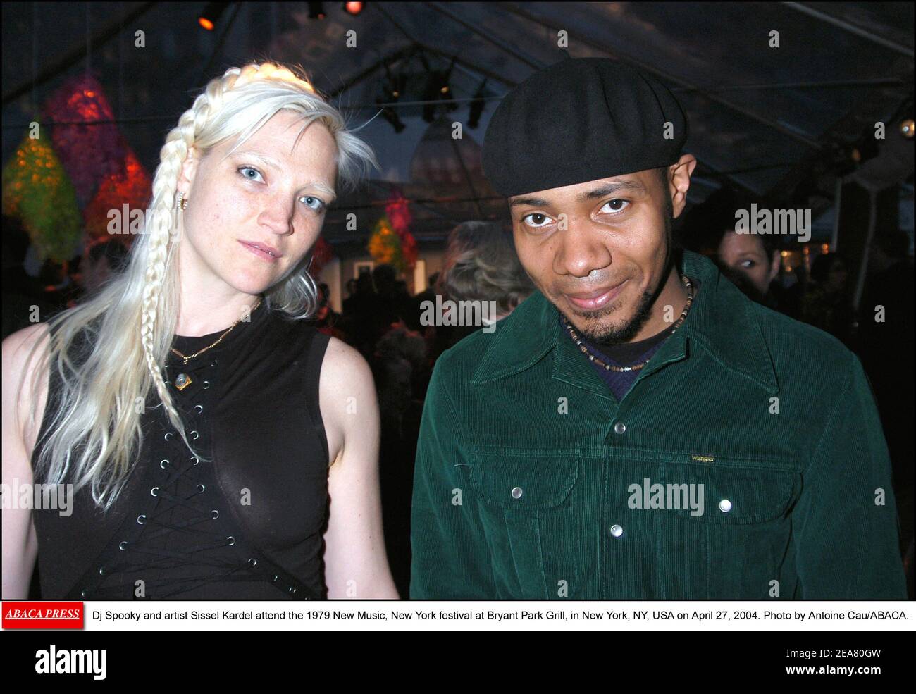Dj Spooky and artist Sissel Kardel attend the 1979 New Music, New York festival at Bryant Park Grill, in New York, NY, USA on April 27, 2004. Photo by Antoine Cau/ABACA. Stock Photo